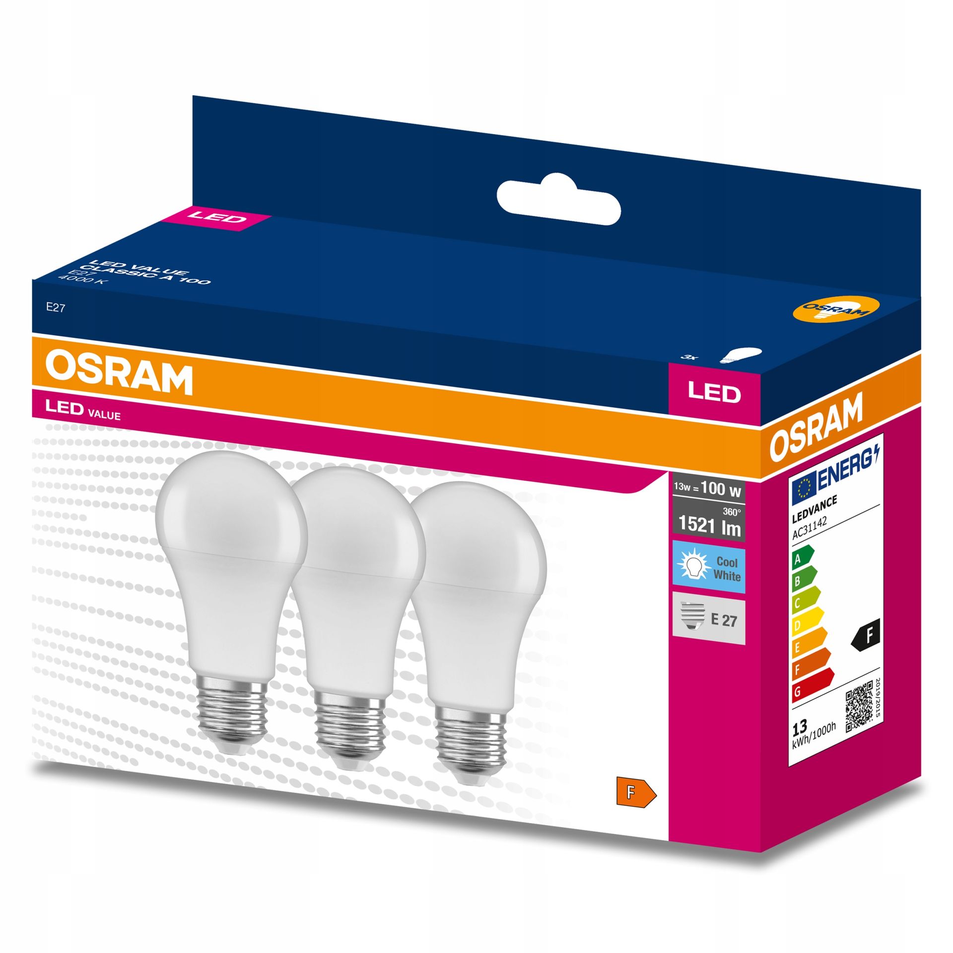 3x Żarówka Led E27 A60 13W 100W 1521lm 4000K Neutralna 200° Osram Value