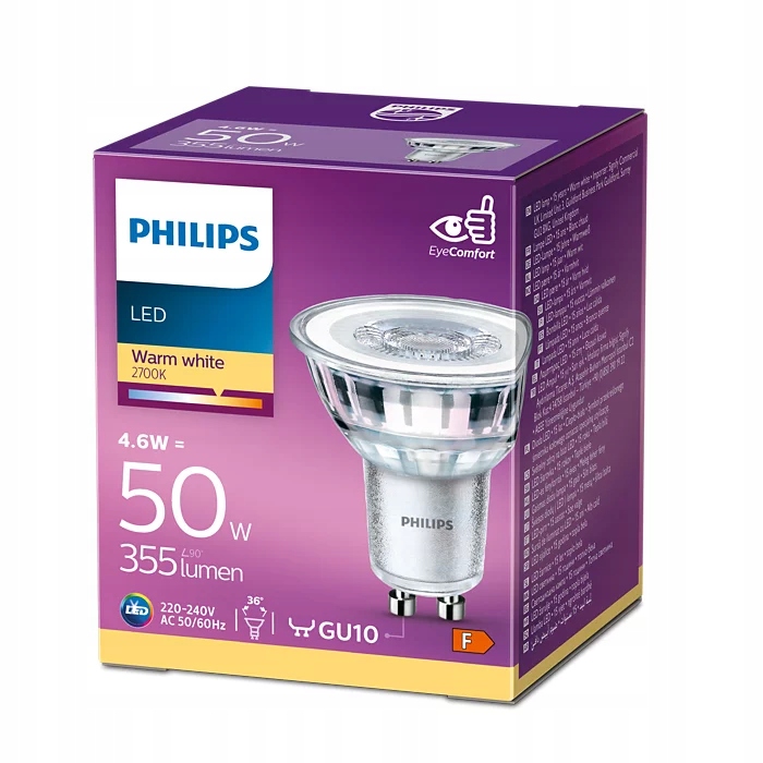 Żarówka GU10 Philips Led 4,6W 50W 355 lumenów barwa ciepła 2700K 36°