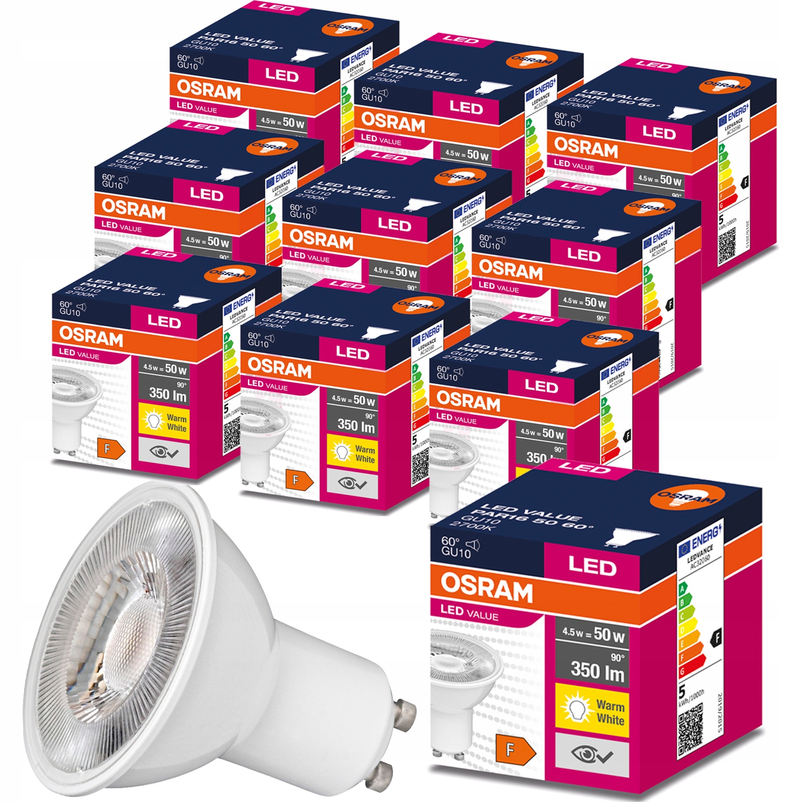 10x Żarówka Led GU10 4,5W 50W 350lm 2700K Osram