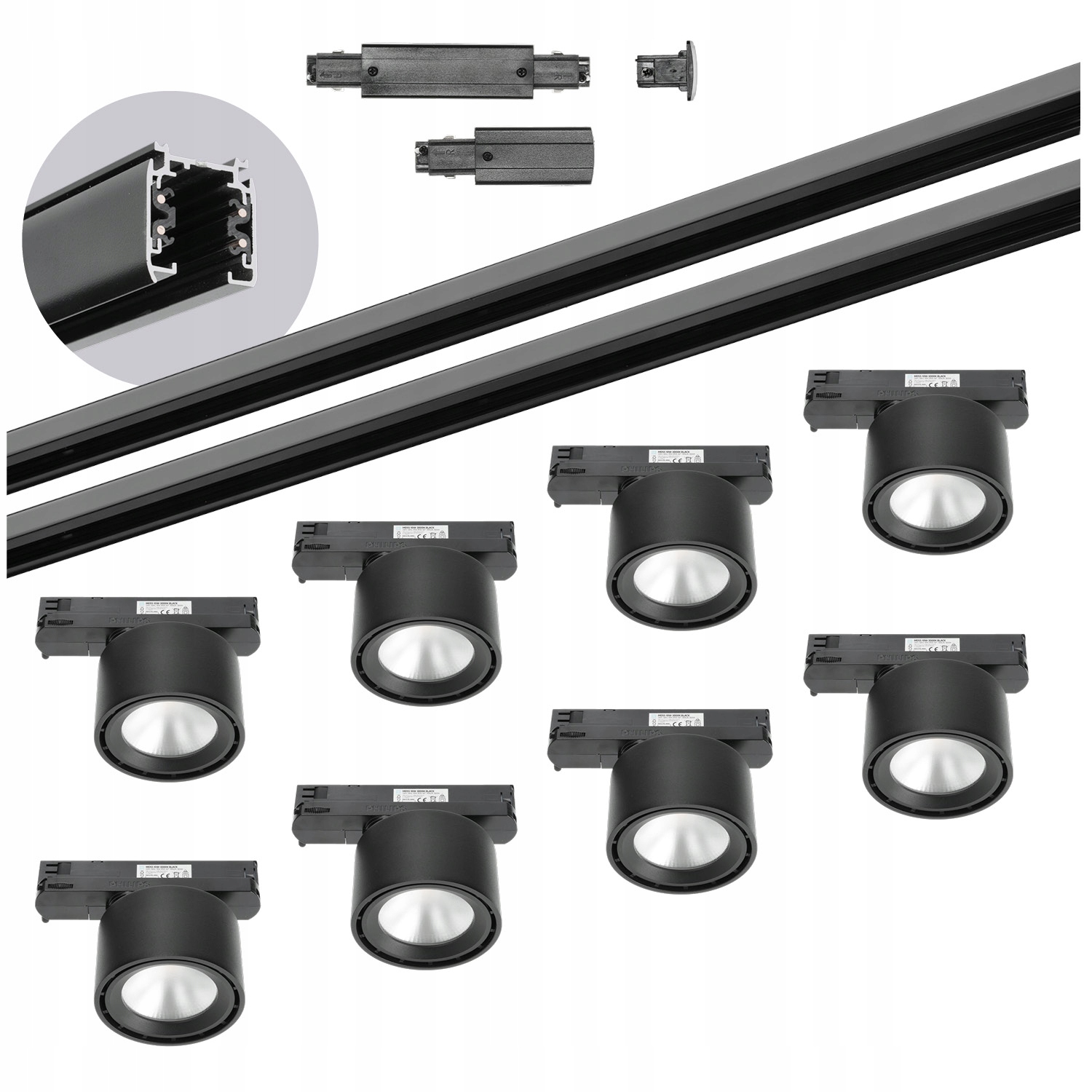 Zestaw szynowy 3 fazowy szyna 2m+2m, 8x Led 10W, łącznik prosty Czarny