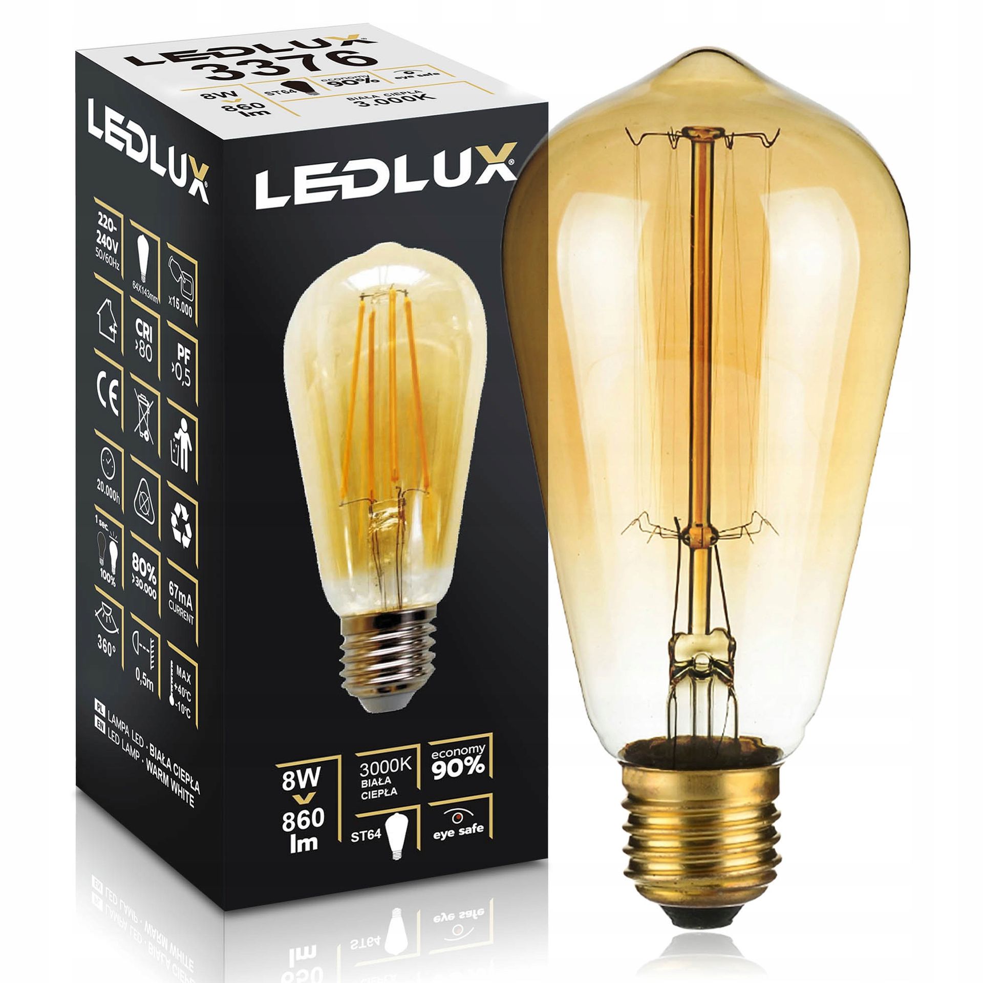 Żarówka E27 ST64 Filament 8W =70W 3000K ciepła Premium Ledlux edison