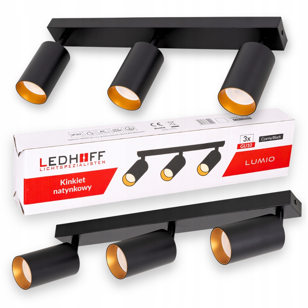 Lampa sufitowa Kinkiet ścienny Oprawa Czarna Złota 3x GU10 Spot do salonu