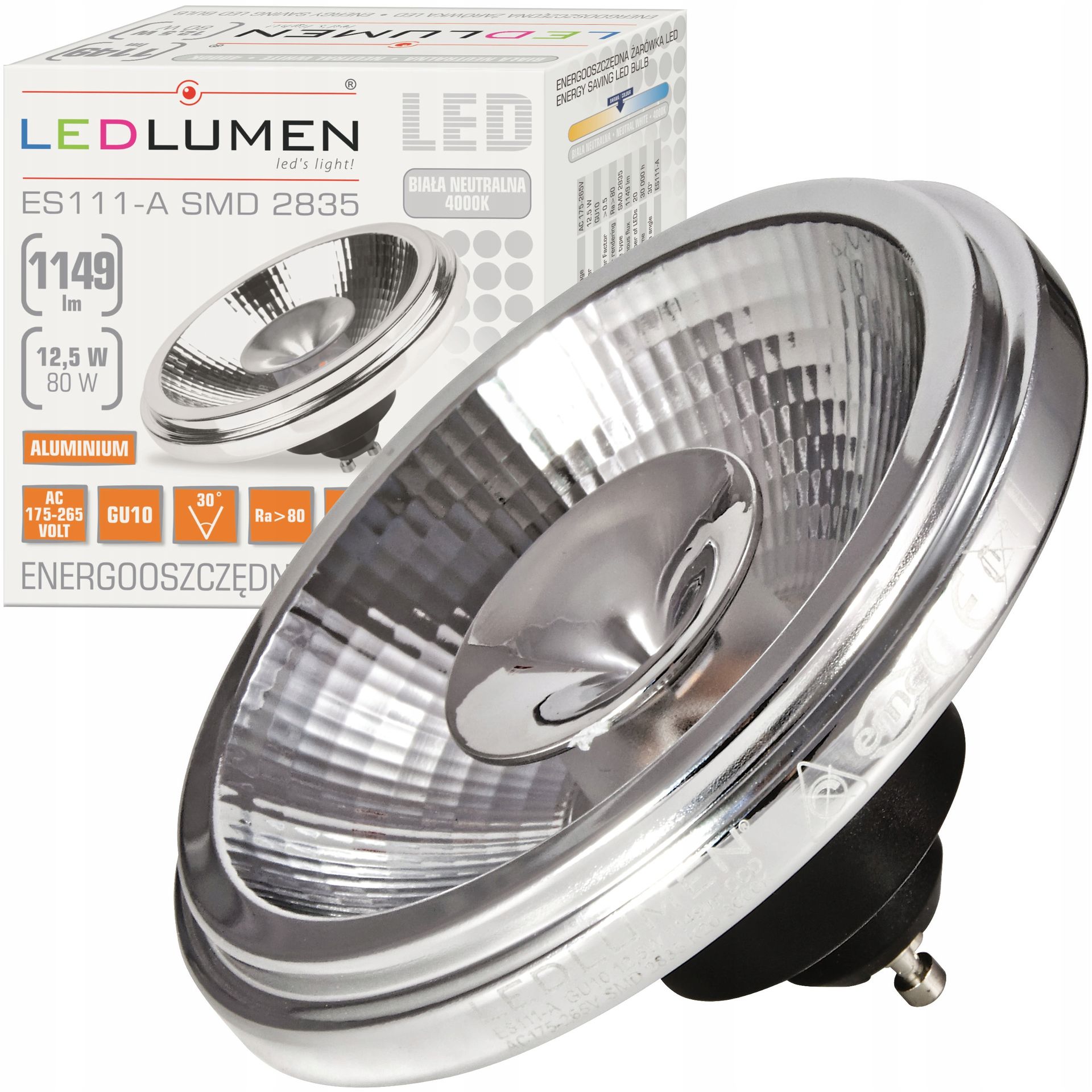 Żarówka Led GU10 AR111 ES111 12,5W=80W Smd 1149lm 30° CCD Halogen 4000K