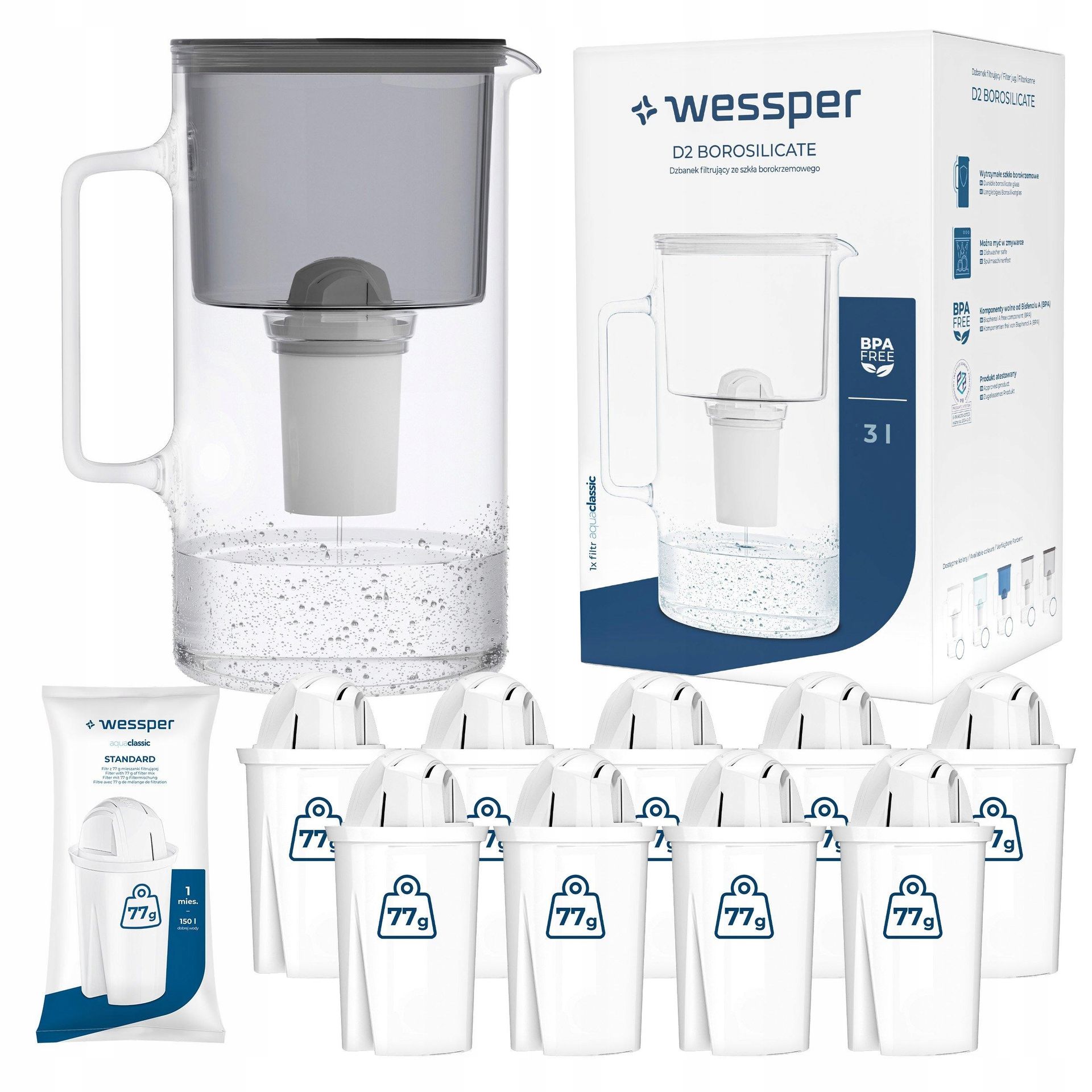 Dzbanek filtrujący szklany Wessper 3l Czarny 10x Filtr aquaclassic