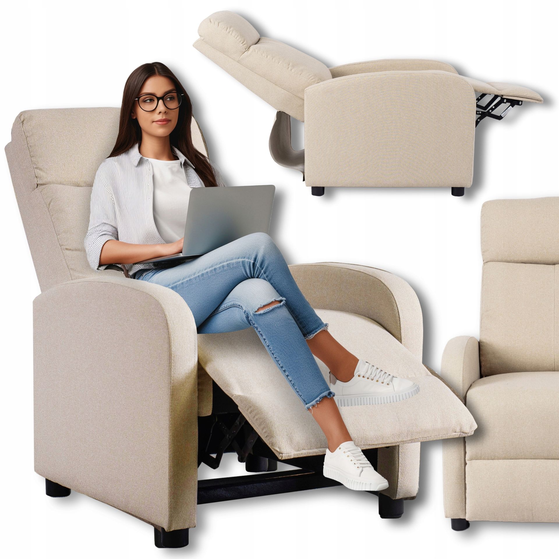 Fotel Rozkładany Wypoczynkowy Tapicerowany Do Spania Salonu Beż Danny 2