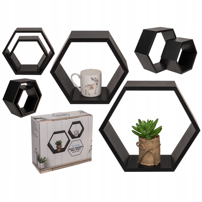 Półka Wisząca Czarna Plaster Miodu Półka Drewniana Na Książki Komplet 2SZT