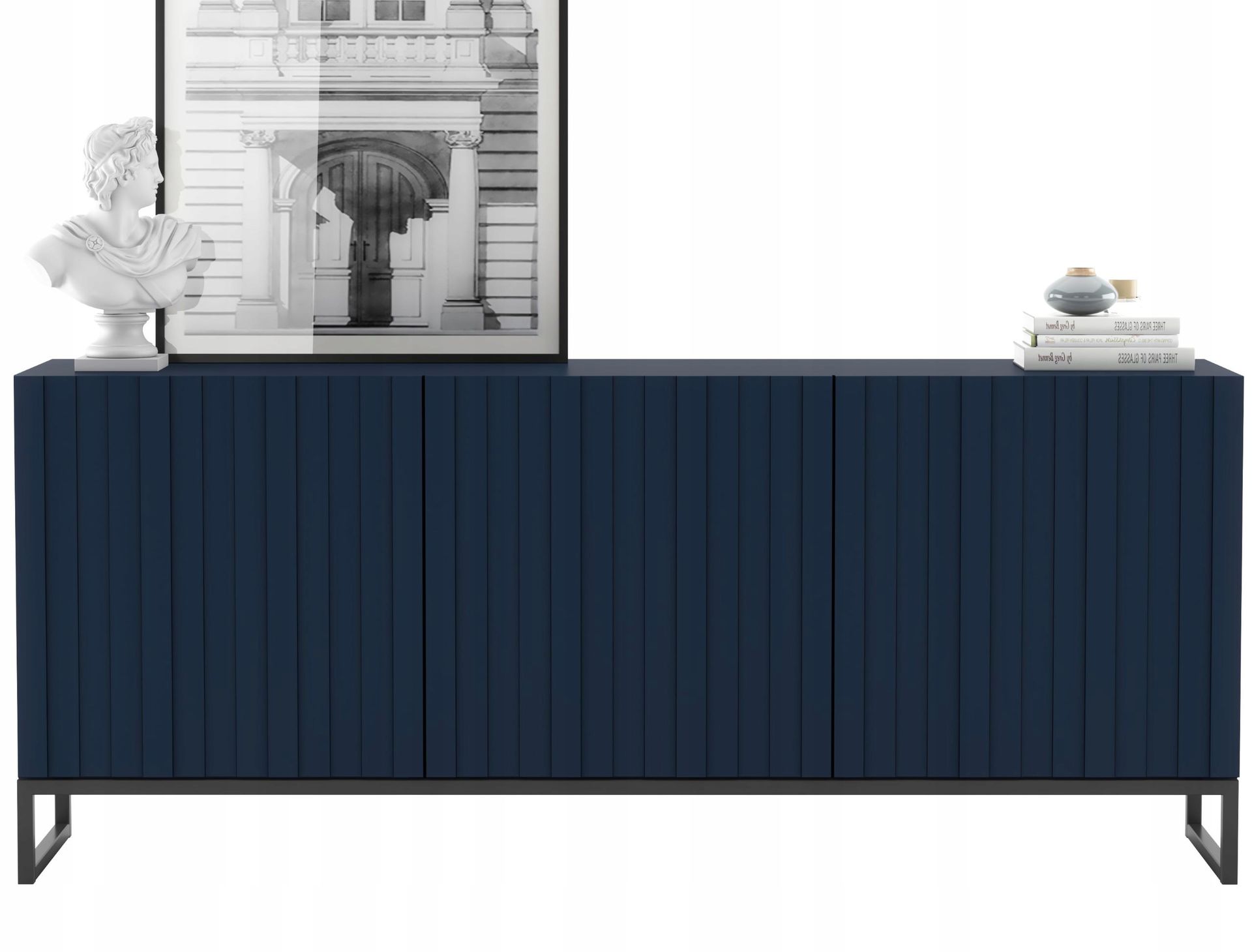 Komoda Rtv Nowoczesna Granatowy Mat Glamour Ryflowane fronty 168 cm Rama