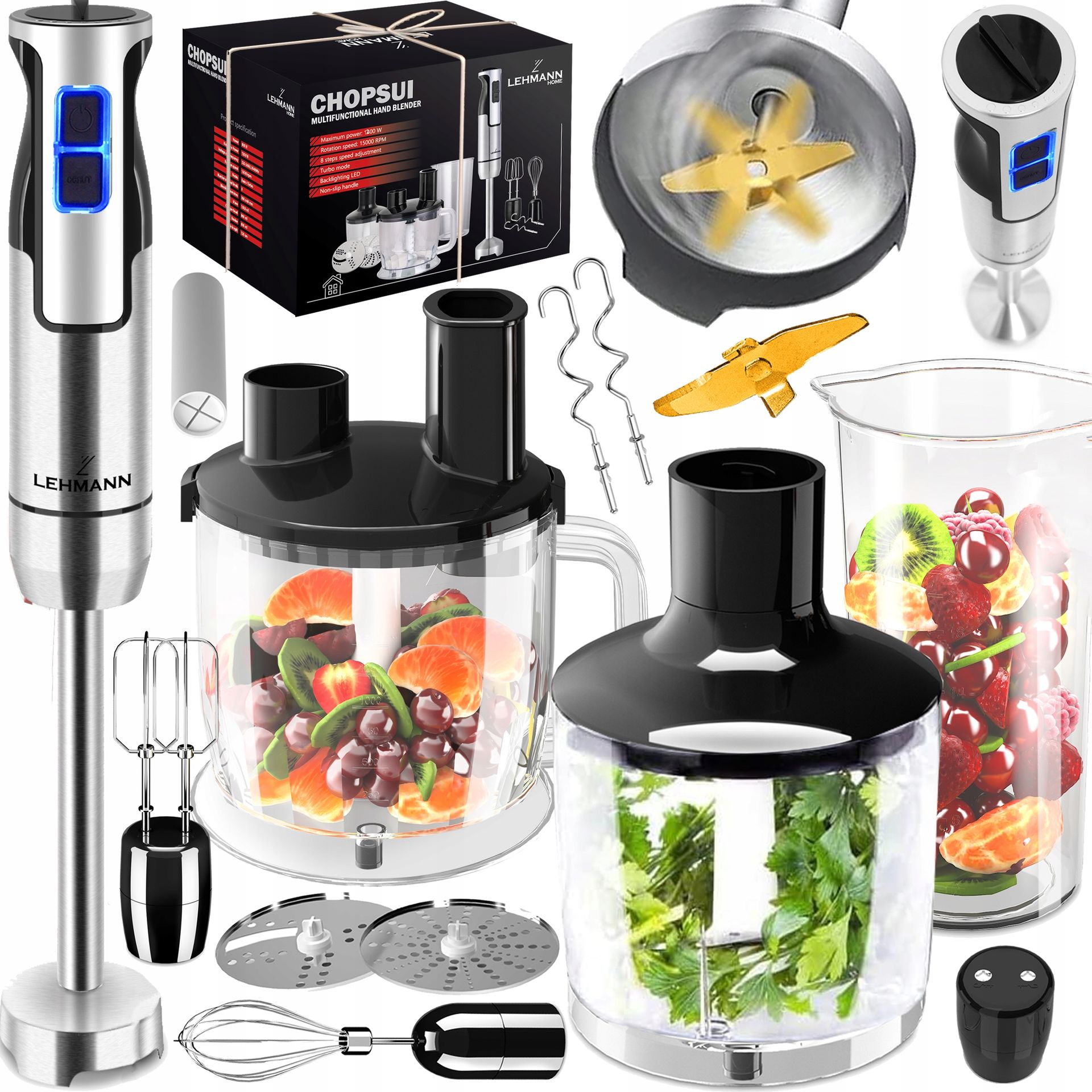 Blender Ręczny Wielofunkcyjny Mikser 1200W Złote Ostrze Moc Niszczenia