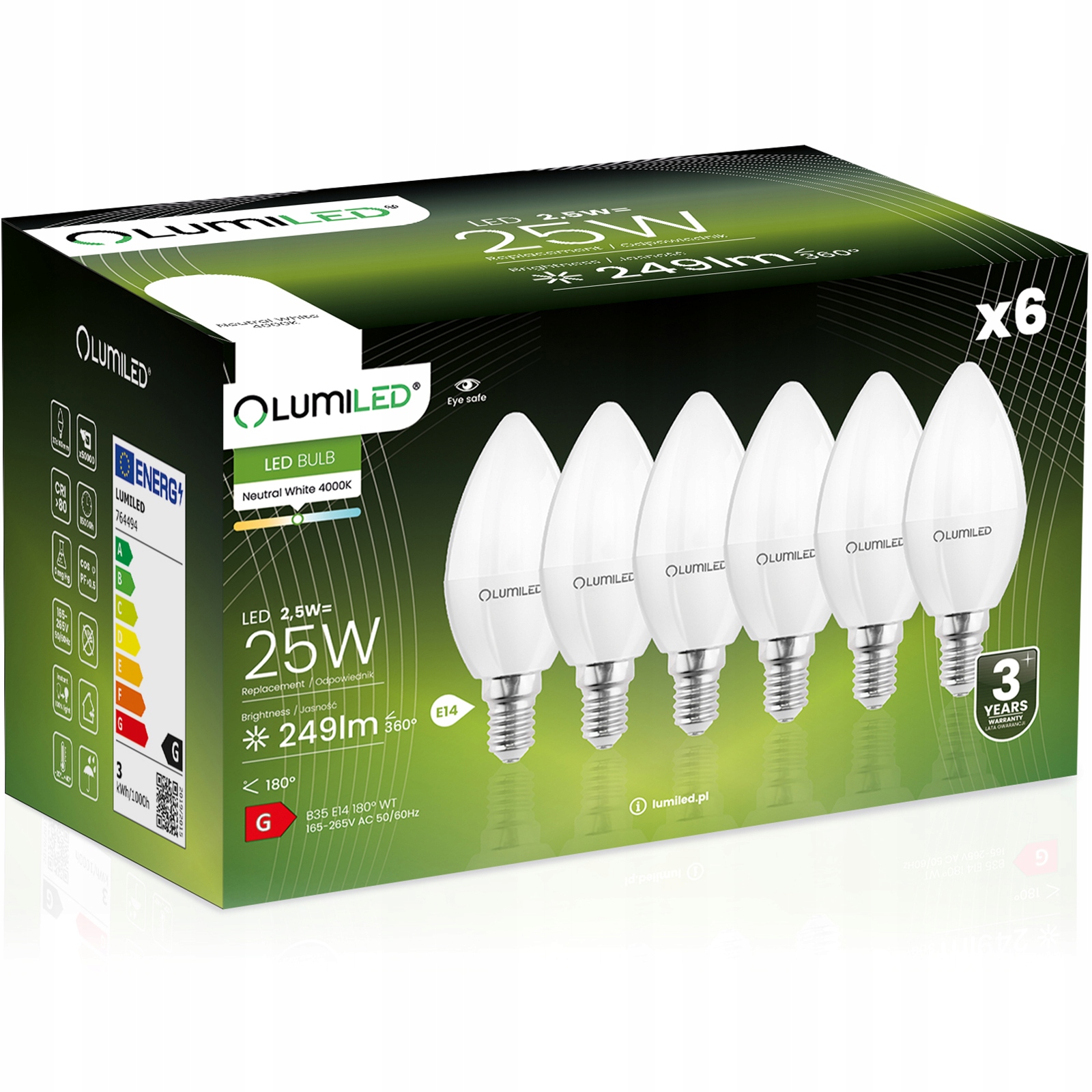6x Żarówka Led Świeca B35 E14 2,5W 25W 249lm 4000K Neutralna 180° Lumiled