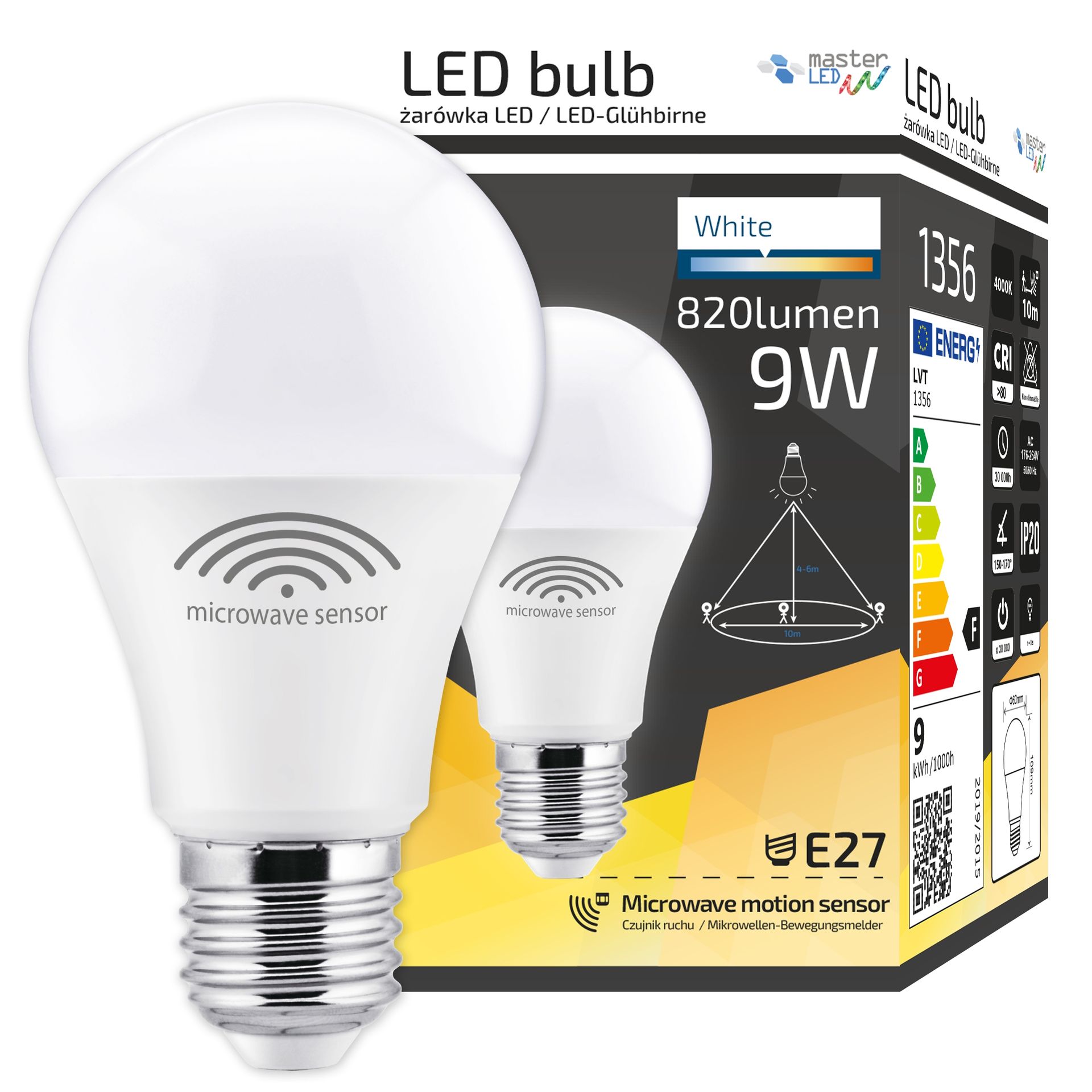 Żarówka Led E27 9W biały neutralny 4000K 230V czujnik ruchu mikrofalowy