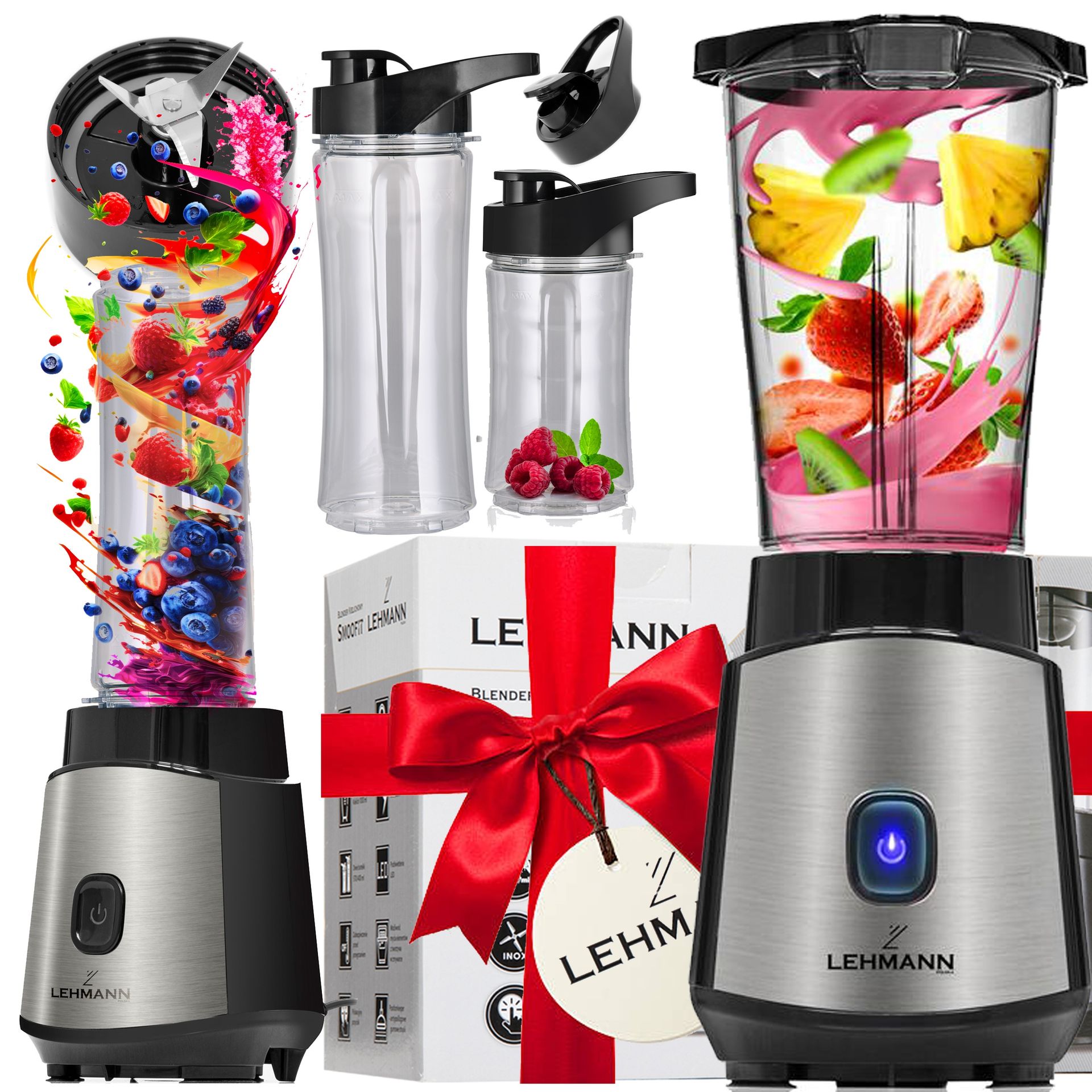 Blender Kielichowy Do Koktajli 1200W 2xBIDONY Miksuje Kruszy Lód Mocny 10w1