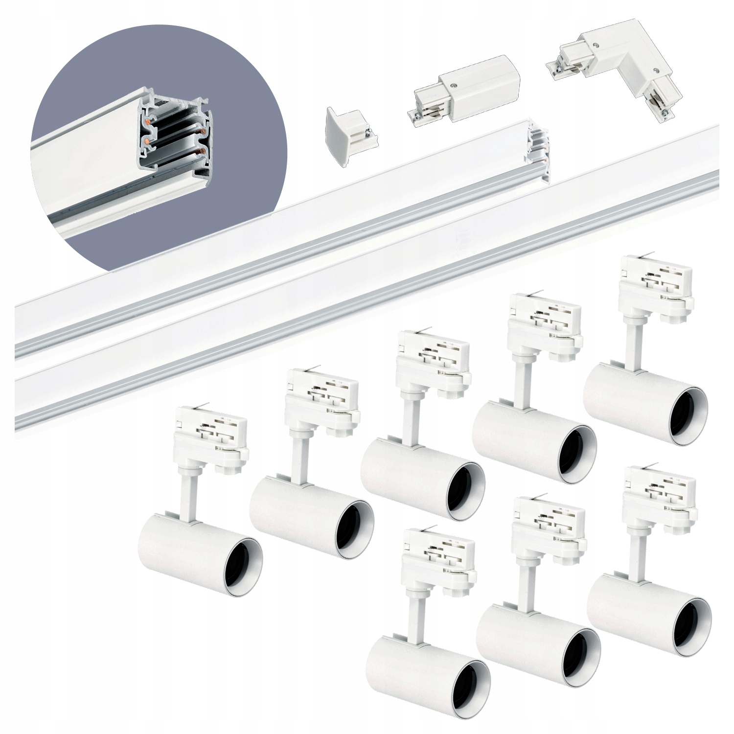 Zestaw szynowy 3 fazowy szyna 1m+2m, 8x Lampa, łącznik L Biały komplet