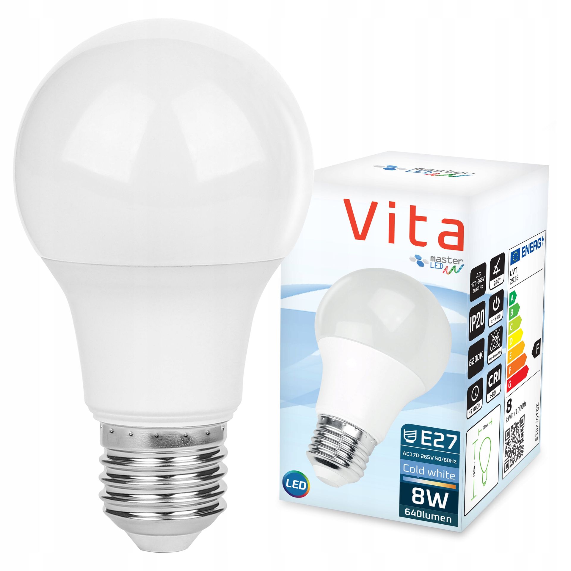 Żarówka Led E27 8W biały zimny 6200K 640lm kula A60 230V