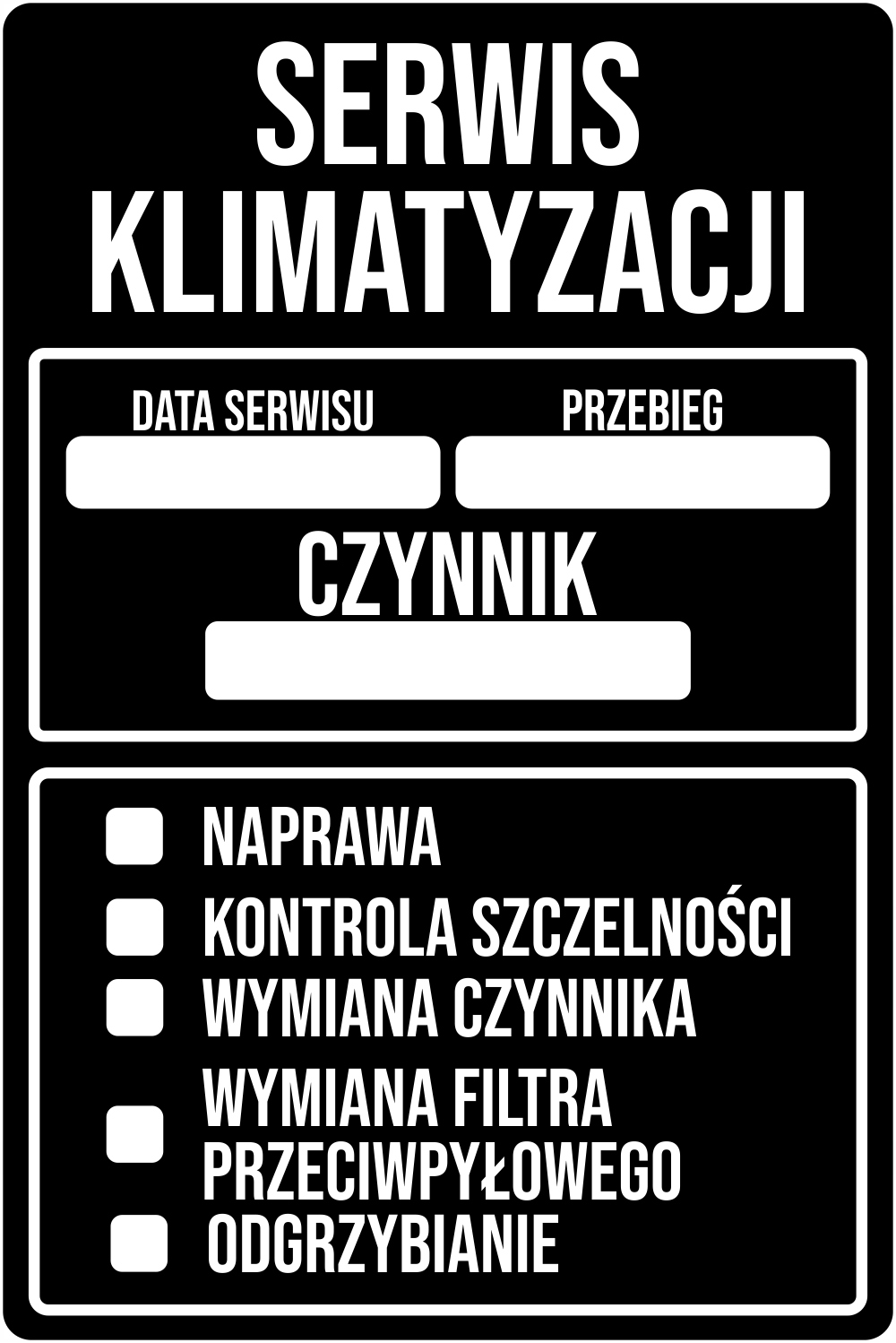 100x Serwisowe Naklejki Serwis Klimatyzacji czarne zamiast zawieszki 9x6 cm
