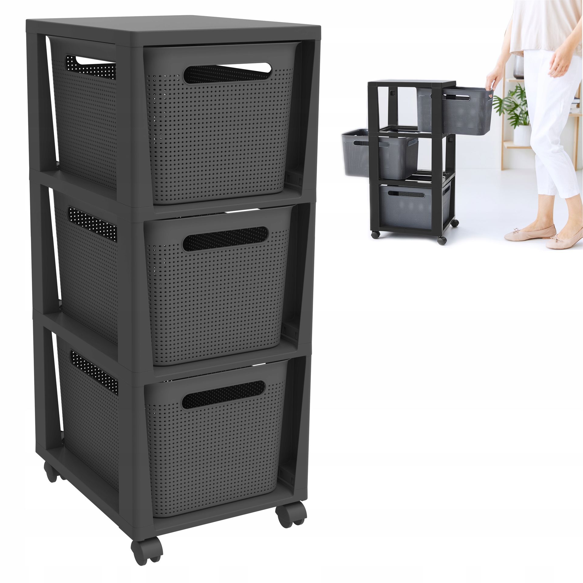 Regał składany na kólkach z 3 koszami Rotho Brisen komoda antracyt 48L