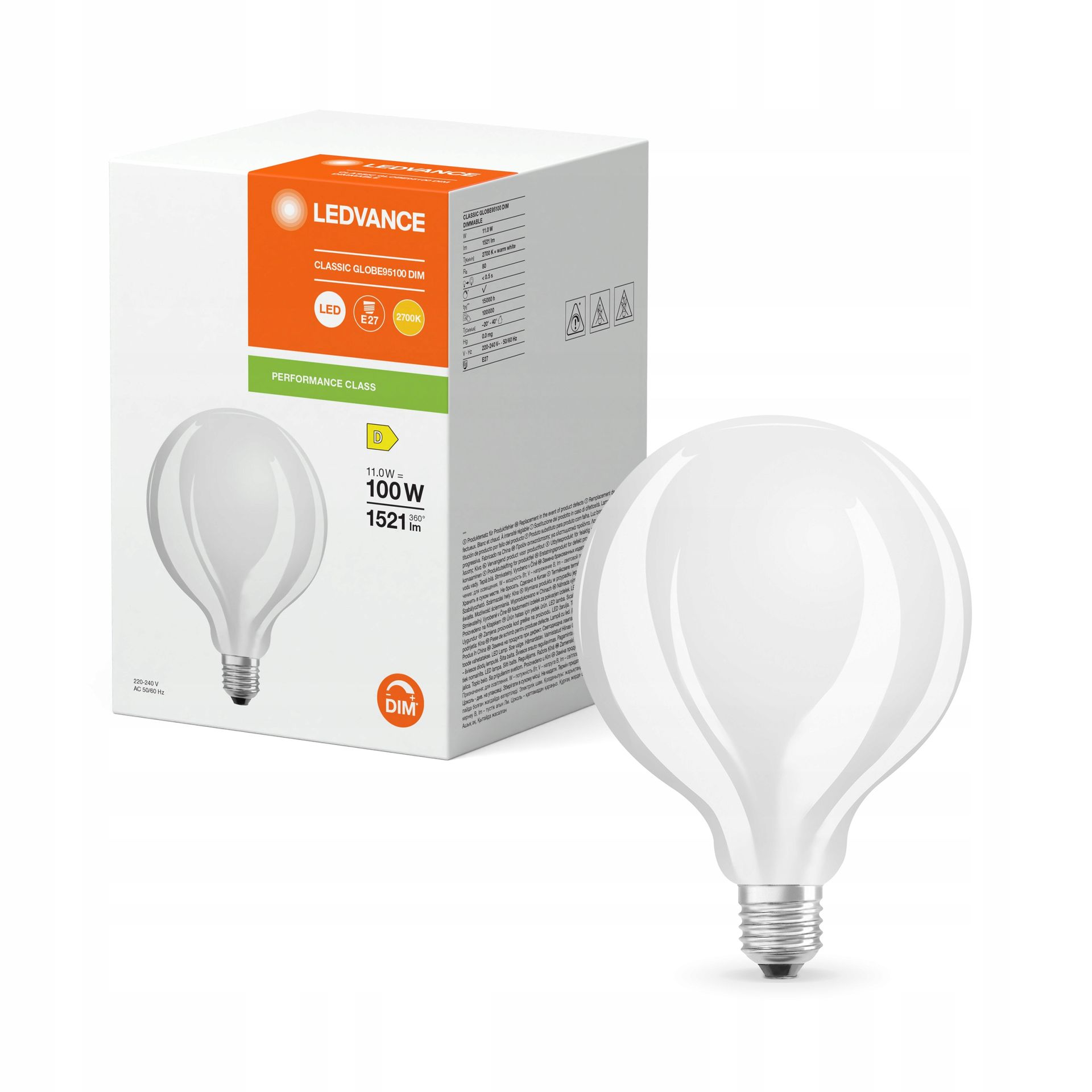 Żarówka Led kula 11W E27 1521lm 2700K DIM Ledvance