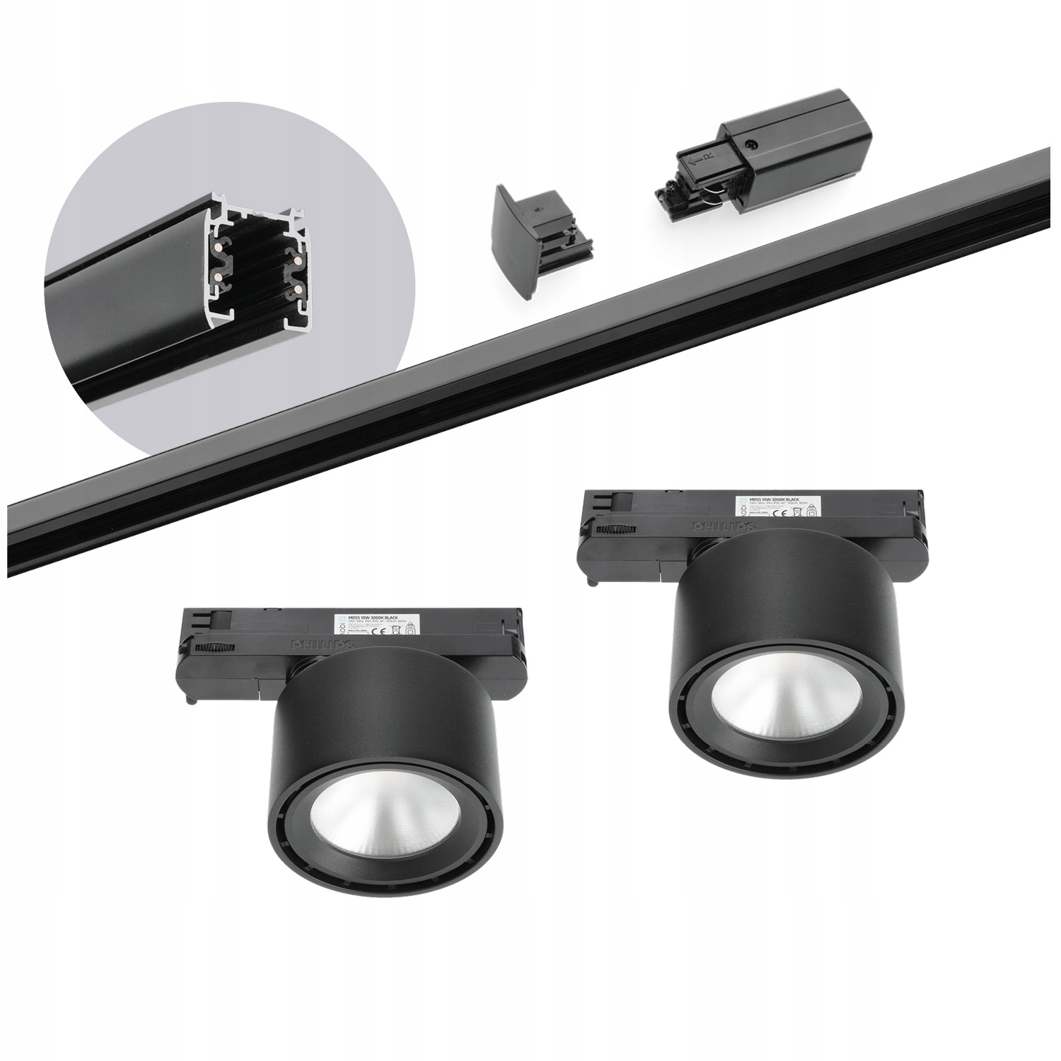 Zestaw szynowy 3 fazowy szyna 2m, 2x Led 10W Czarny kompletny zestaw