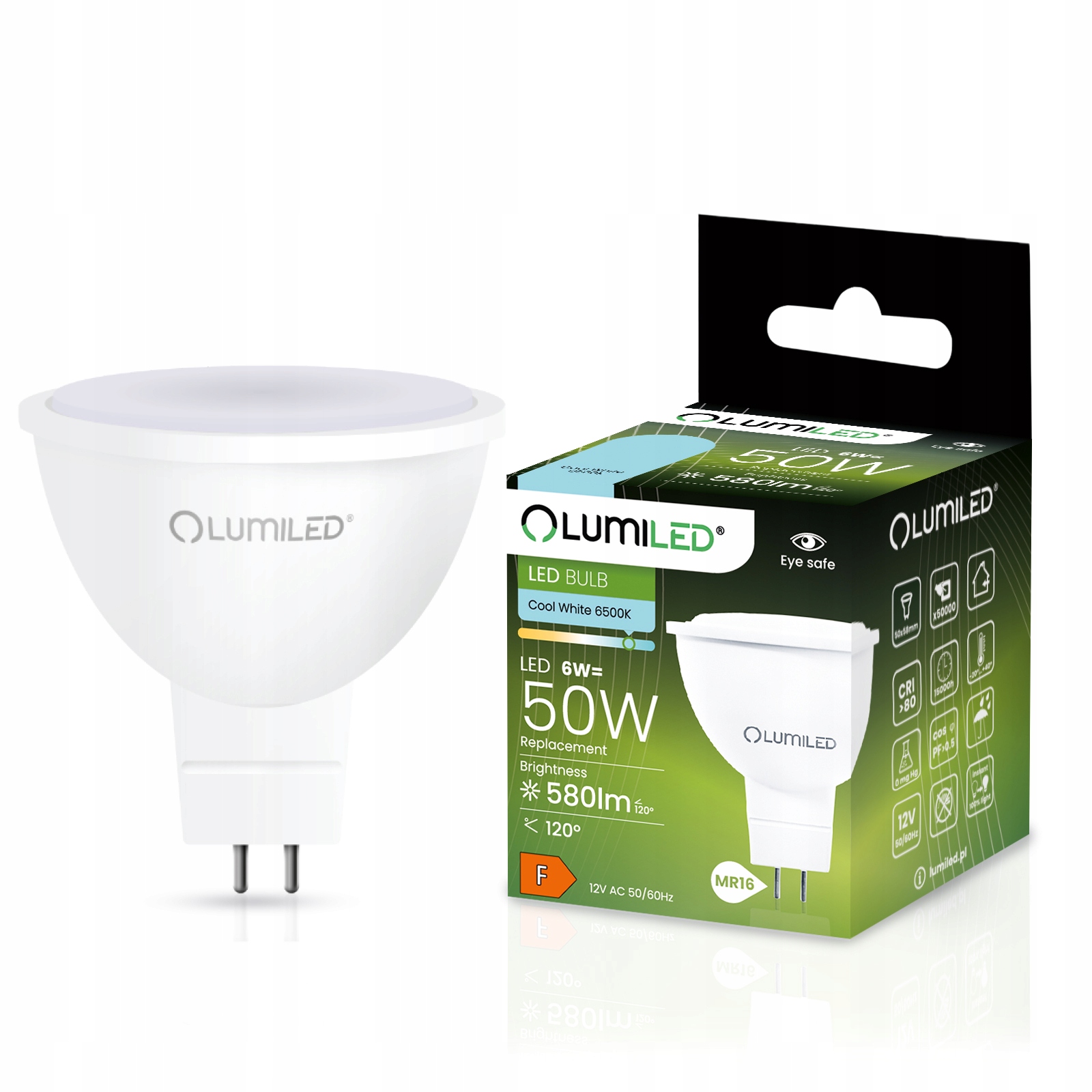 Żarówka Led GU5.3 MR16 6W =50W 6000K Zimna 580LM 120ST 12V Ac/dc