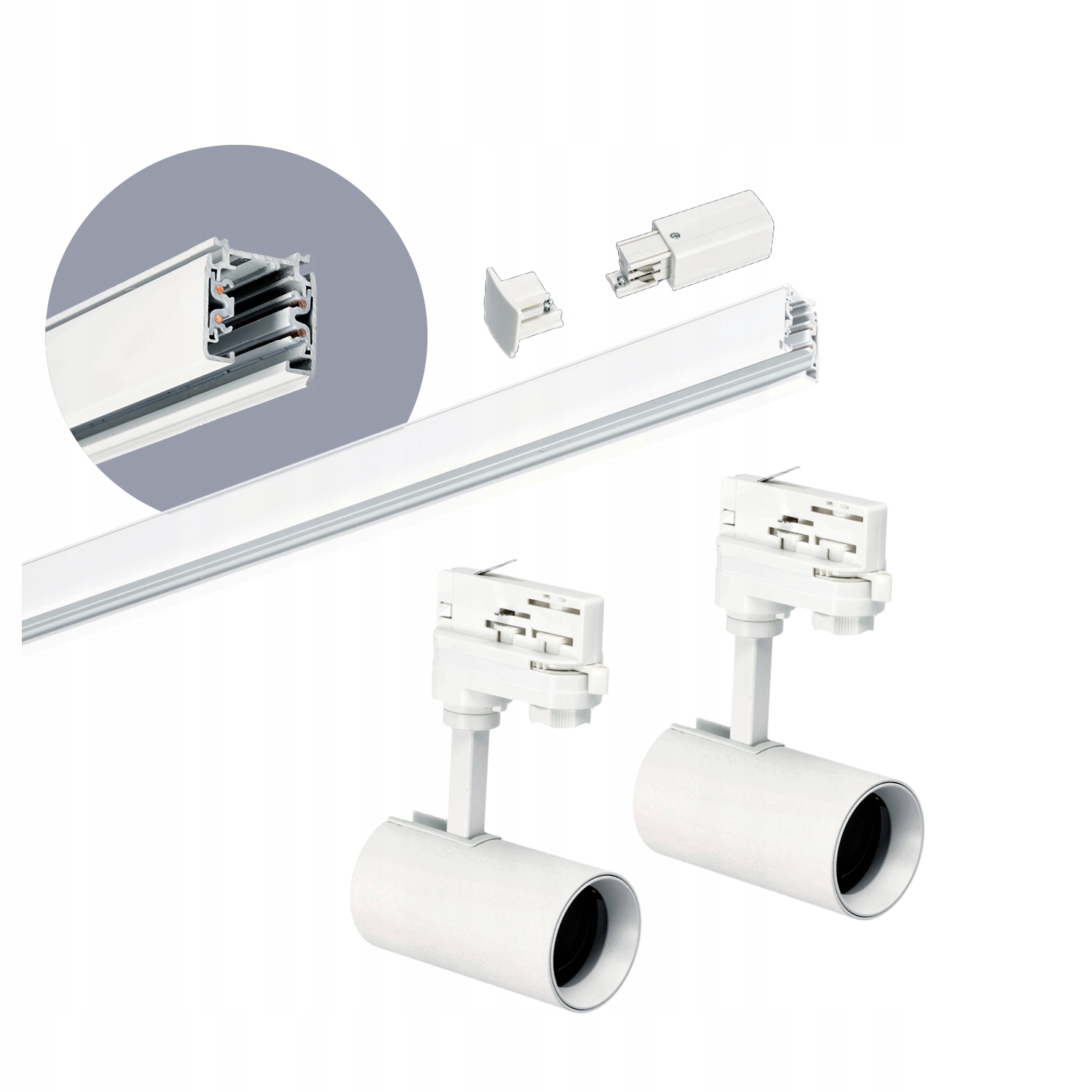 Zestaw szynowy 3 fazowy szyna 1m, 2x Lampa Biały kompletny zestaw