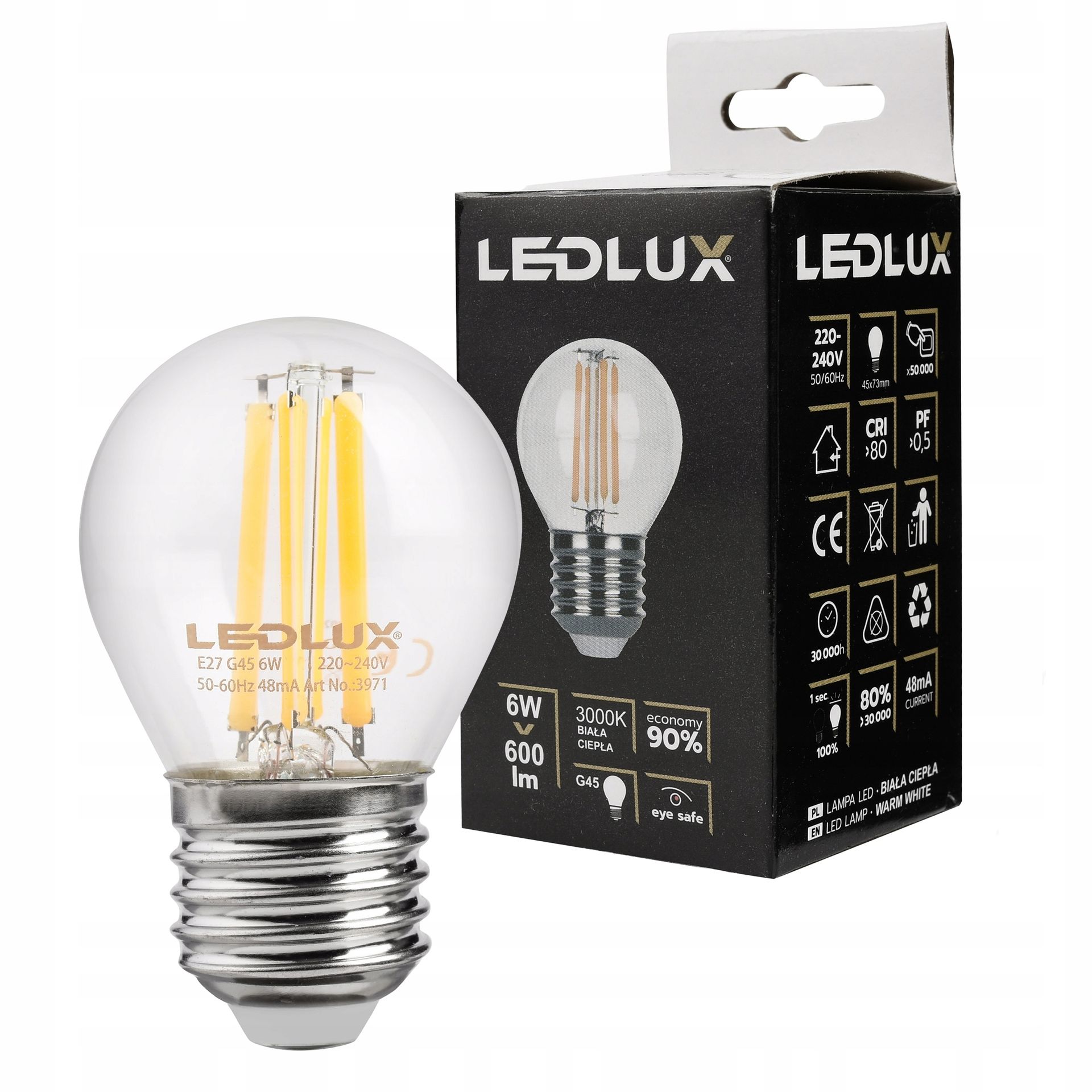 Żarówka Led E27 G45 6W=60W filament Neutralna