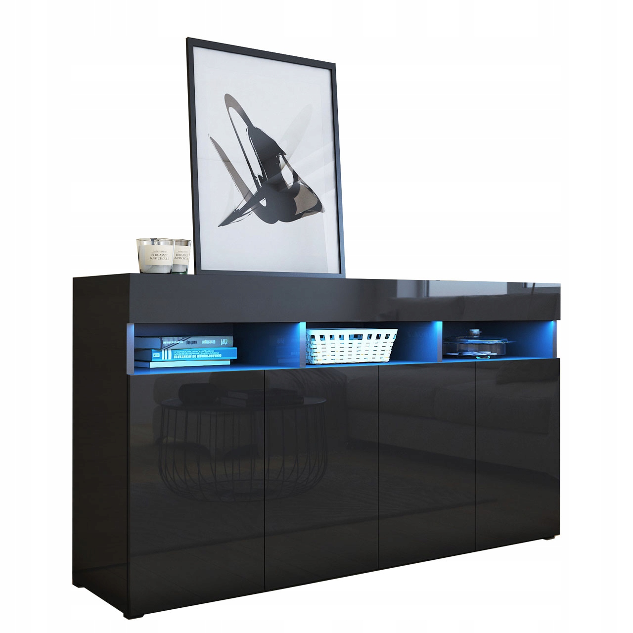 Komoda do salonu czarna połysk 140 cm Premium