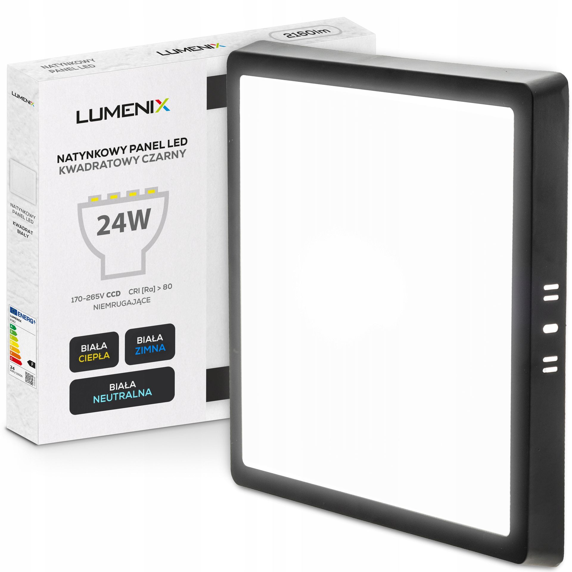 Panel plafon sufitowy Led Natynkowy Kwadrat 24W 2160lm Nie mruga CCD Czarny
