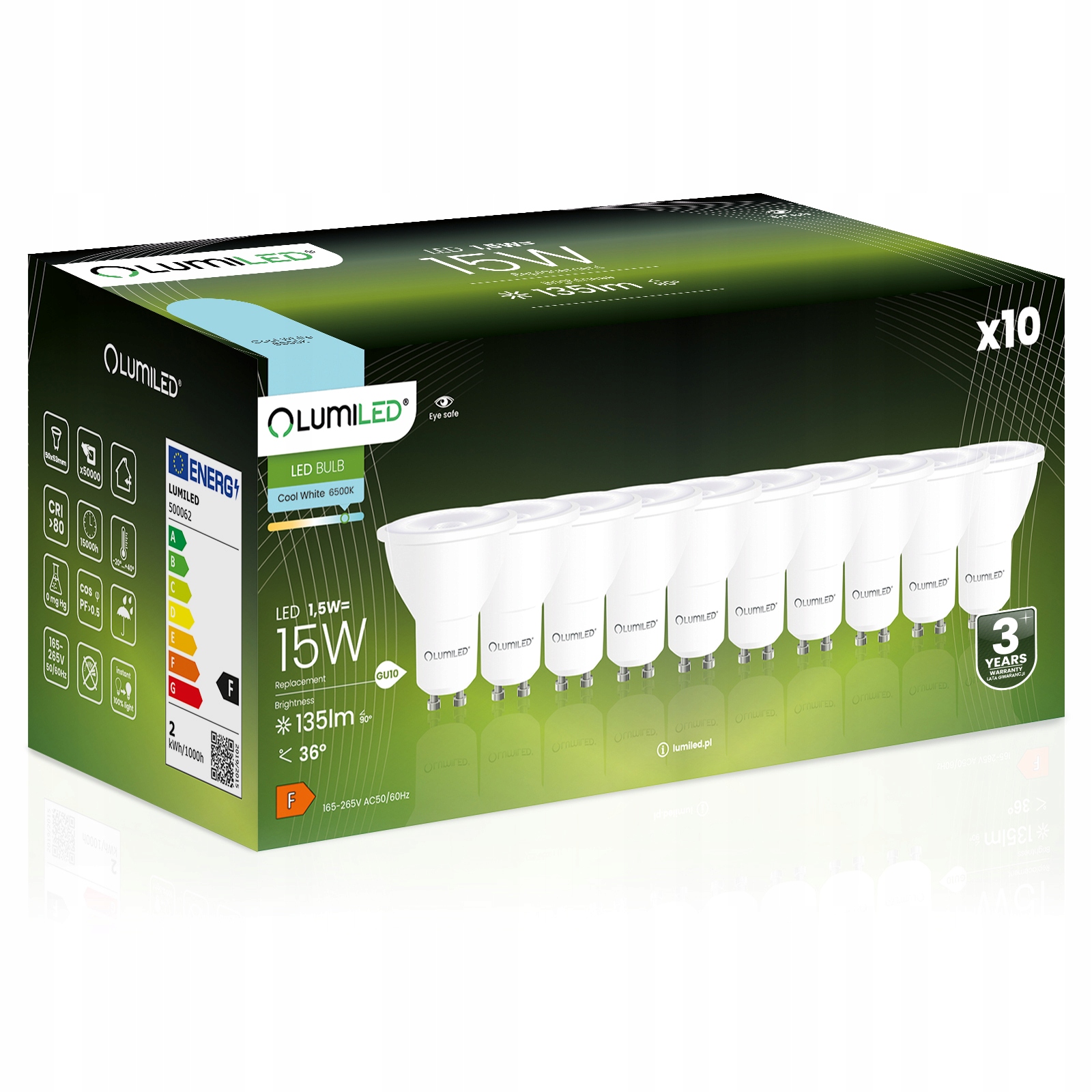 10x Żarówka Led GU10 1,5W 6500K Zimna Biała 36° Wydajna Premium CCD