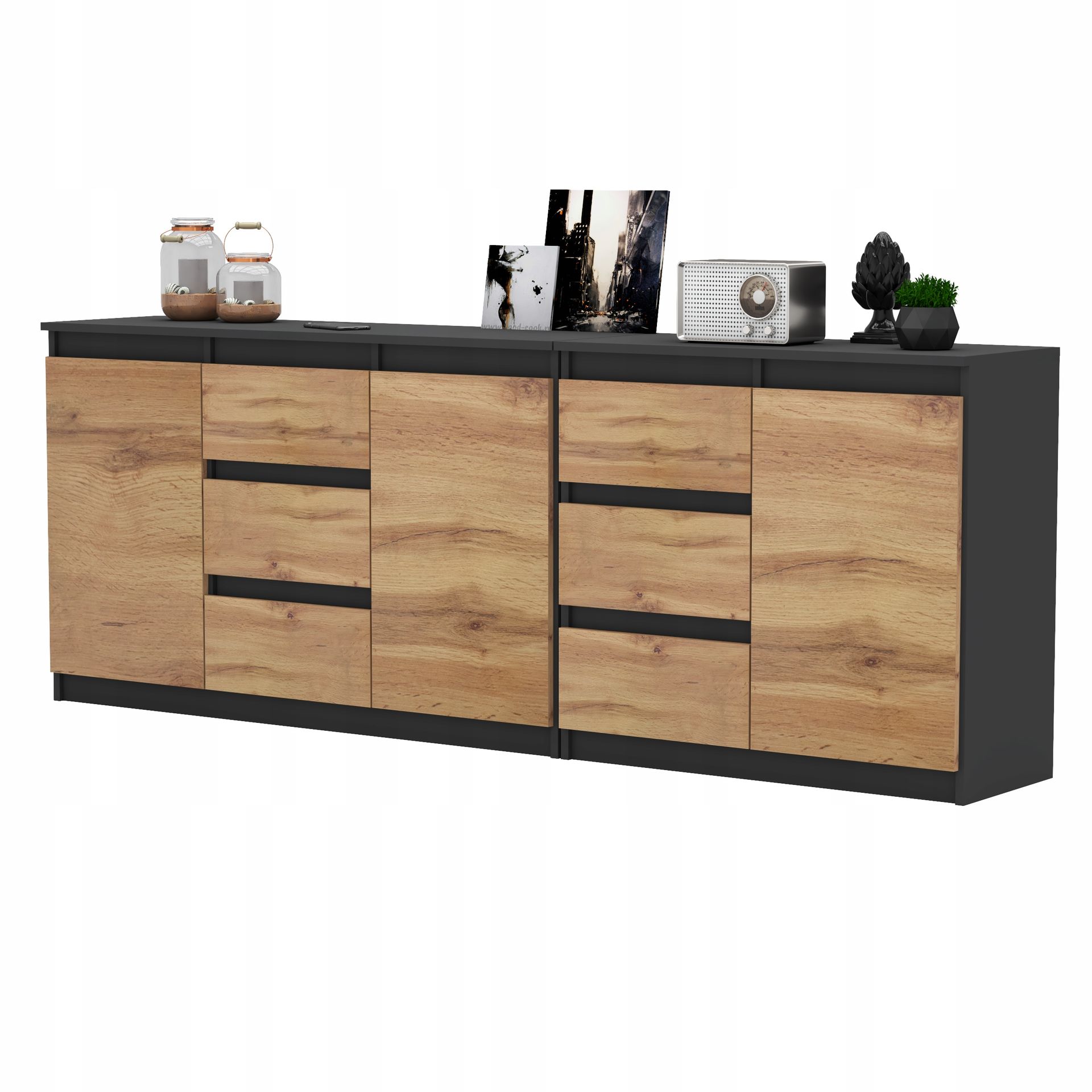 Komoda Antracyt/Wotan 6 szuflad 3 drzwi Duza Komoda 200 cm Zestaw do Salonu