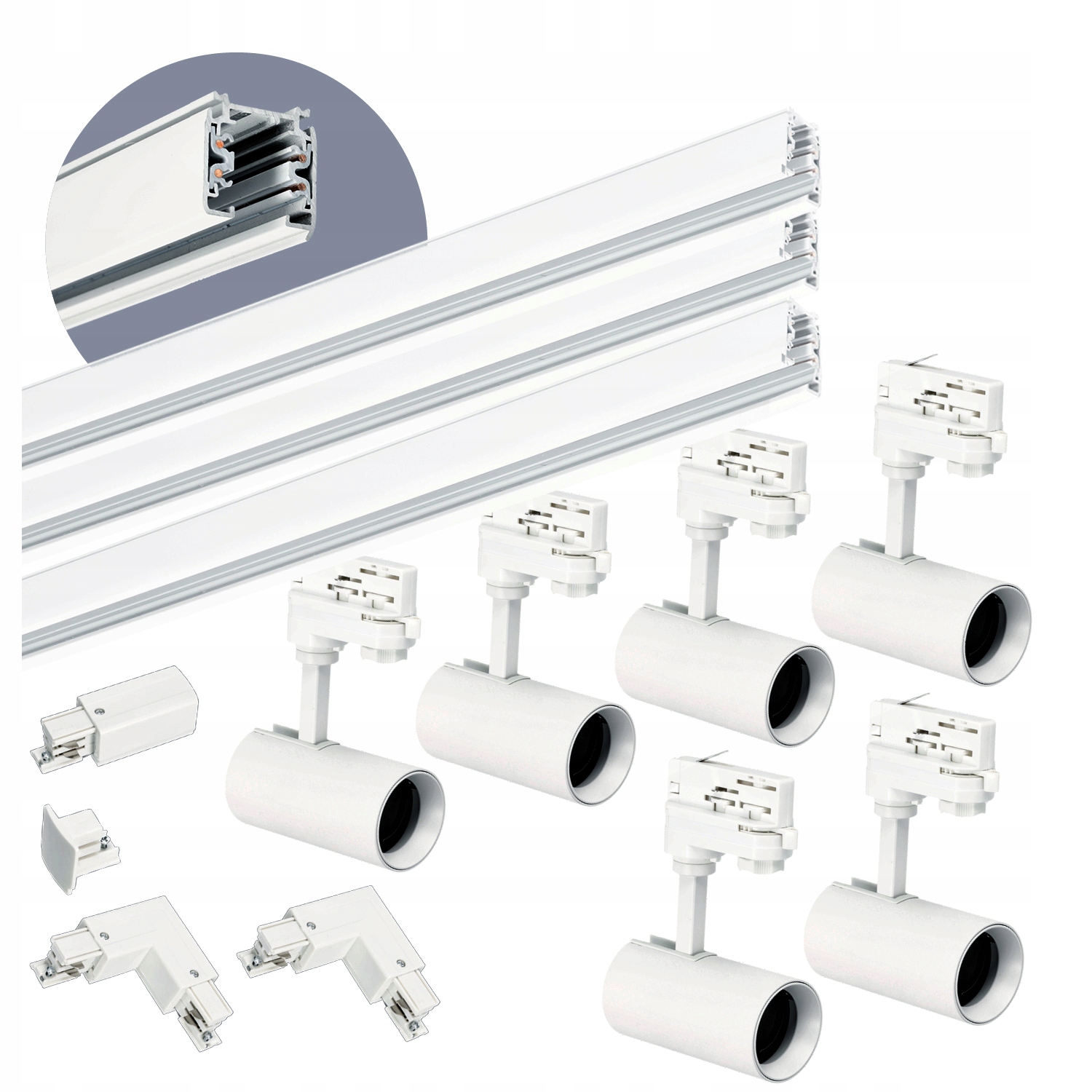 Zestaw szynowy 3 fazowy szyna 1m+1m+1m, 6x Lampa, łącznik L Biały komplet