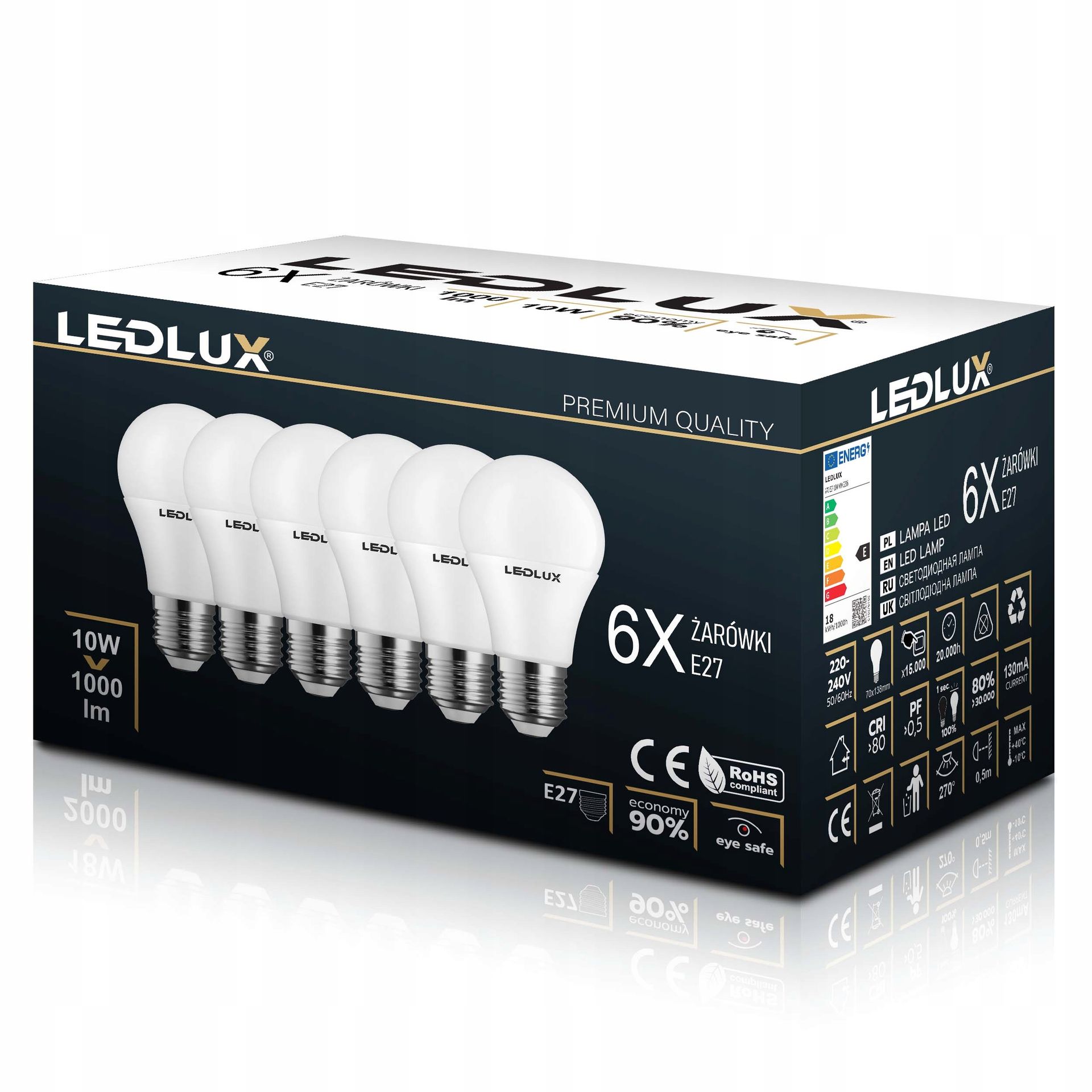 Żarówka E27 Led 10W =100W Smd 6000K zimna Premium Ledlux nie mruga Zestaw!