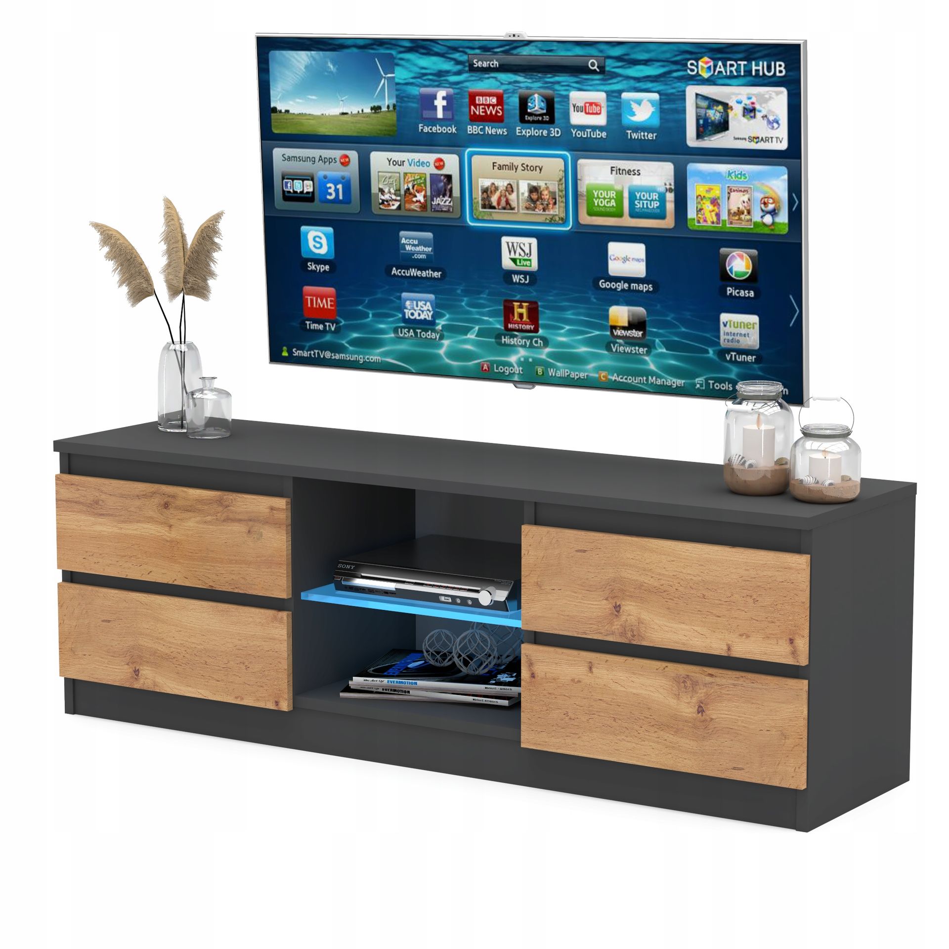 Szafka Rtv 138cm Stolik pod Tv Komoda stojąca 4 szuflady Antracyt/dąb Wotan