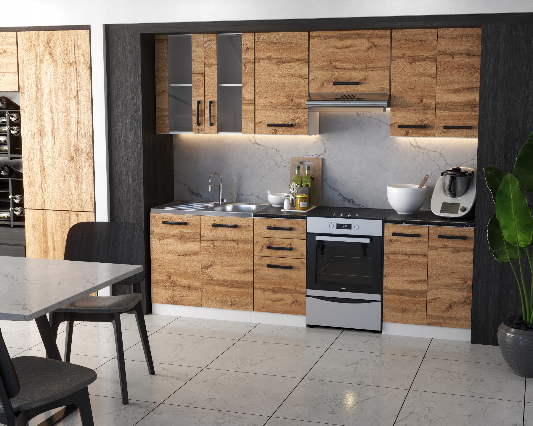 Meble Kuchenne Kuchnia Zestaw Szafki Modułowe Blat Jola 2,4M Dąb Wotan