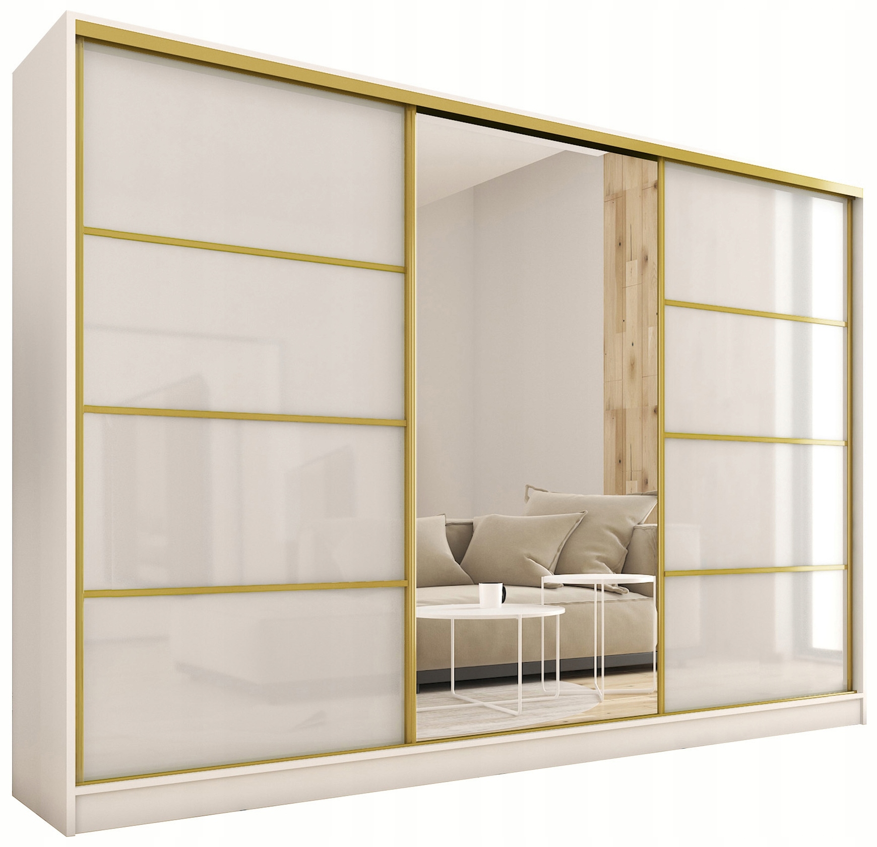 Szafa przesuwna z lustrem 250 cm Gold połysk biały