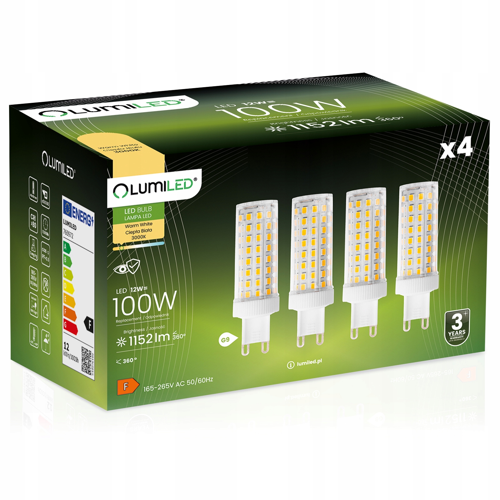 4x Żarówka Led G9 Kapsułka 12W 100W 1152lm 3000K Ciepła 360° Lumiled