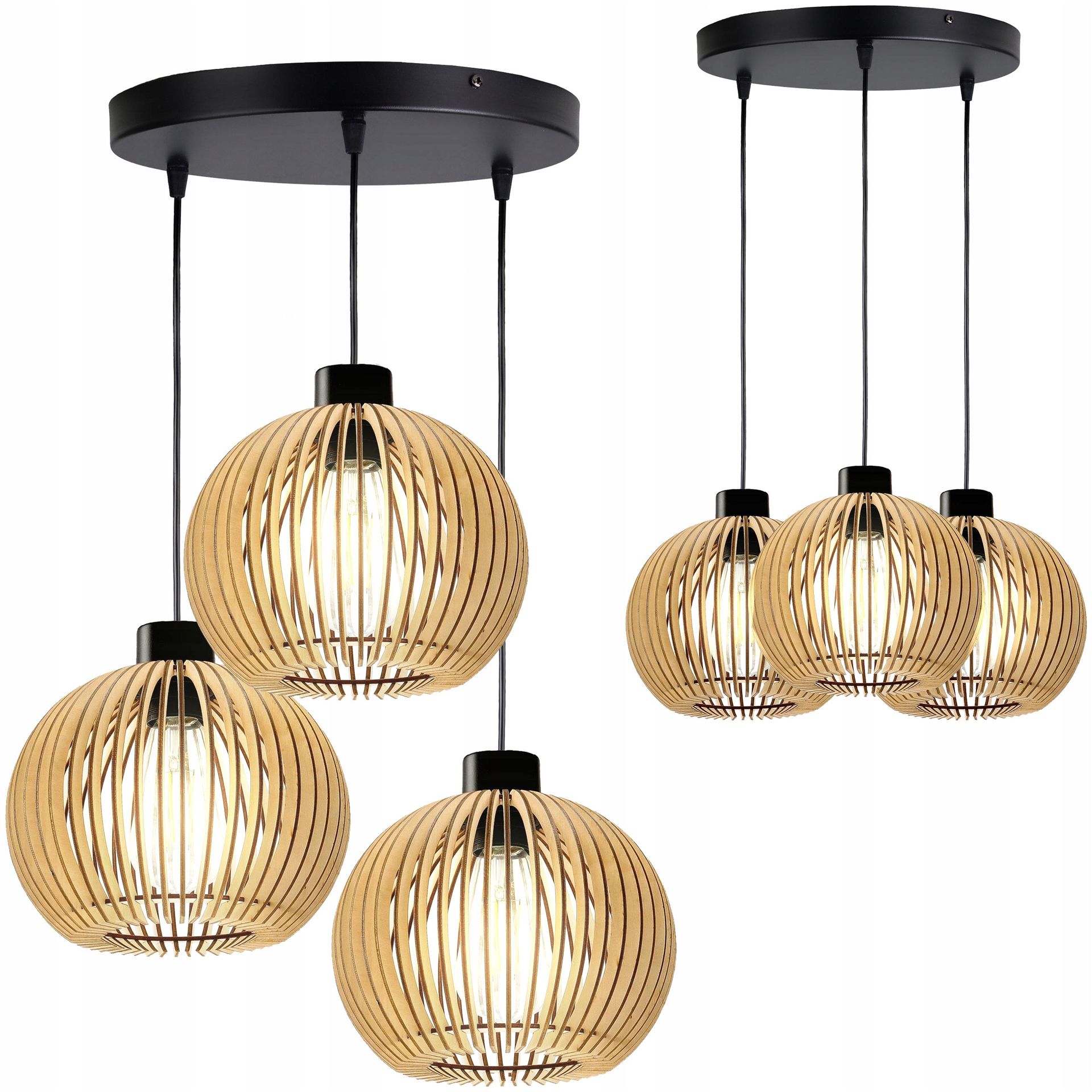 Lampa Wisząca Sufitowa Drewniana Żyrandol Potrójna Regulowana 3 Klosze