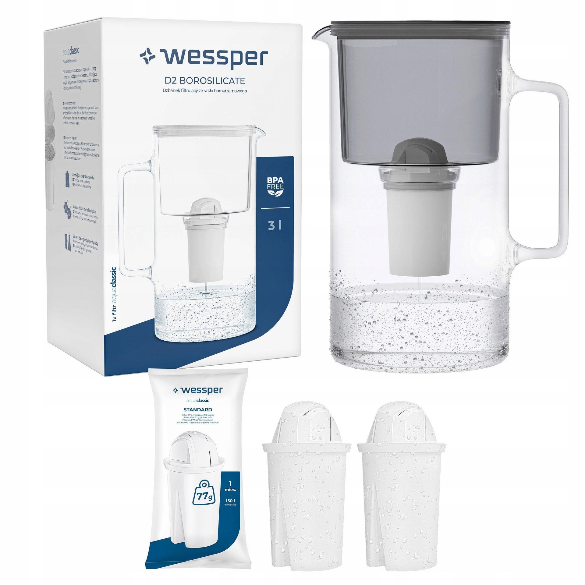 Dzbanek Szklany Wessper D2 Borosilicate 3l 3x Filtr Wessper aquaclassic