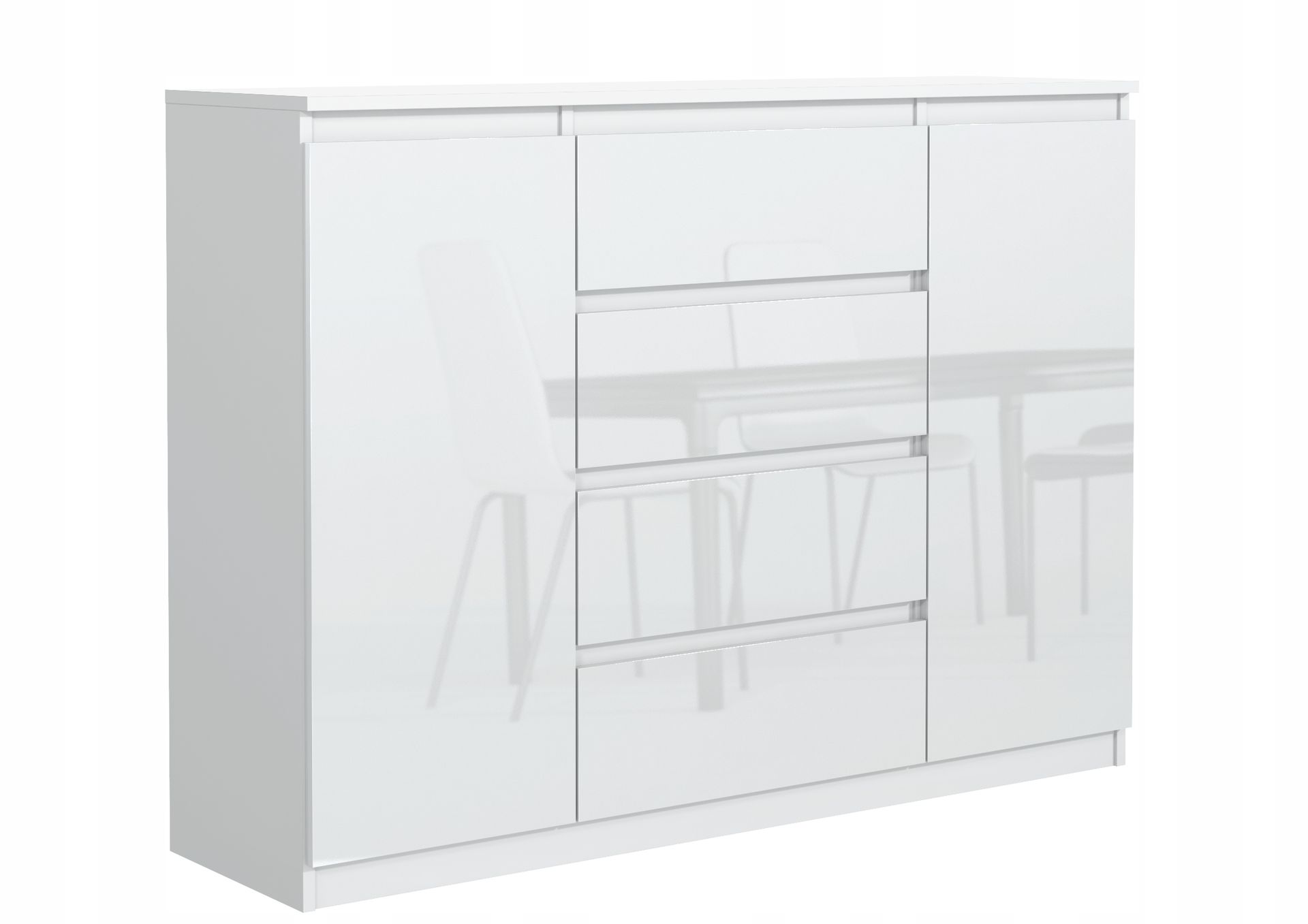 Biała Komoda 140cm 4 Szuflady 2 Drzwi Front Połysk