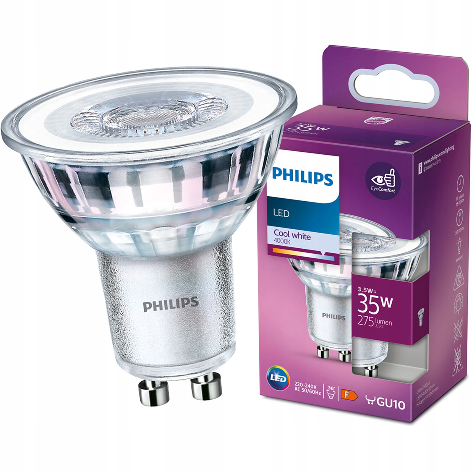 Żarówka Led GU10 3,5W 35W 275lm 4000K Neutralna 36° Reflektor Philips