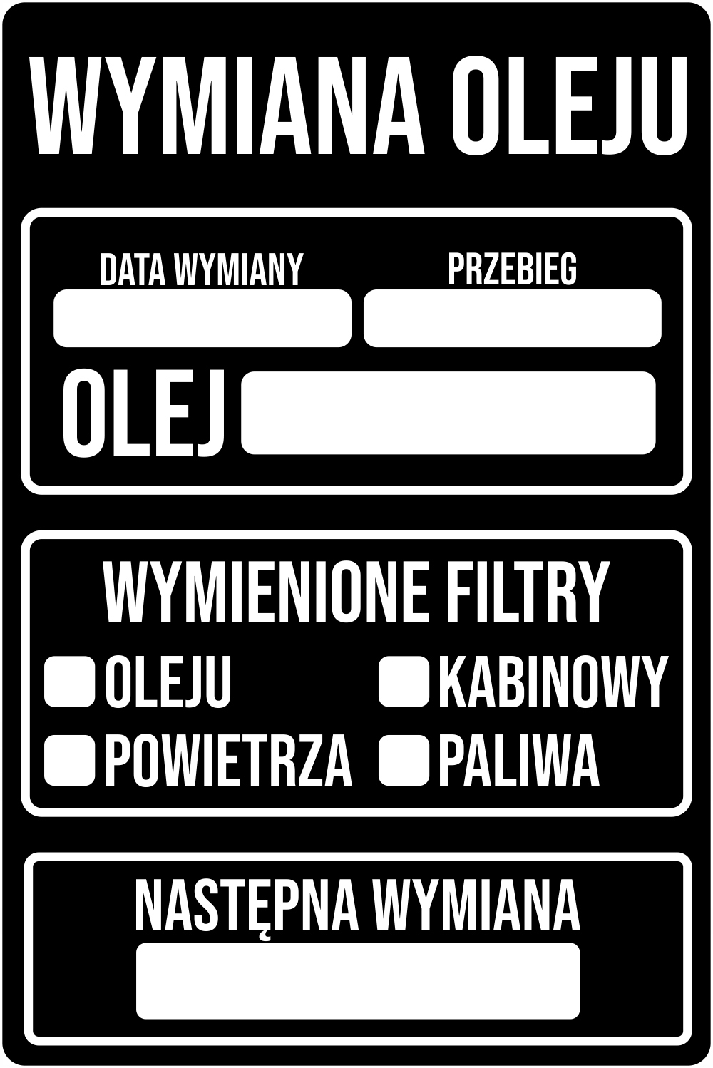 100x serwisowe Naklejki Wymiana Oleju zamiast zawieszki czarne 9x6cm