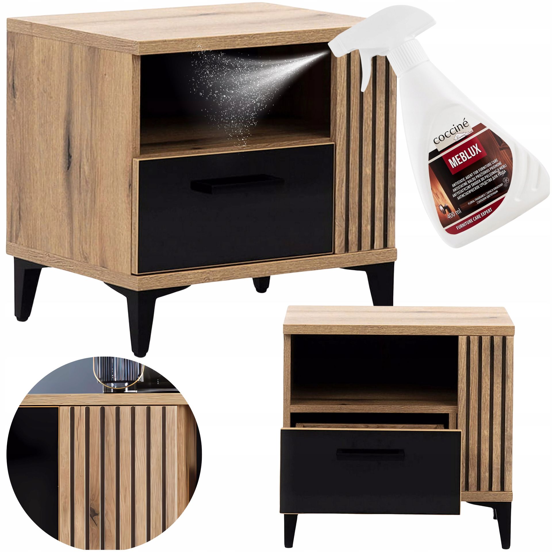 Szafka nocna stojąca czarna dąb szuflada mała 52cm lamele do sypialni salon