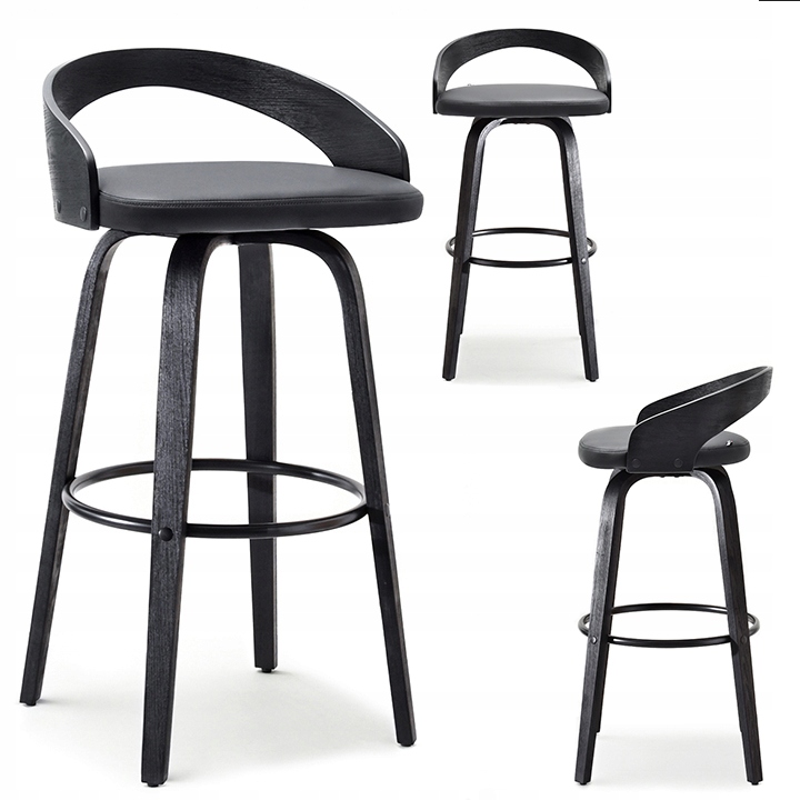 Skórzane Obrotowe Krzesło Barowe Z Drewna Giętego Z Oparciem 38 Czarne