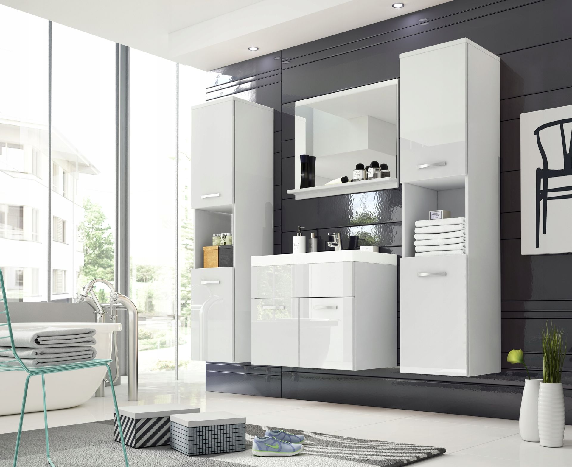 Białe meble łazienkowe, szafka, lustro, umywalka