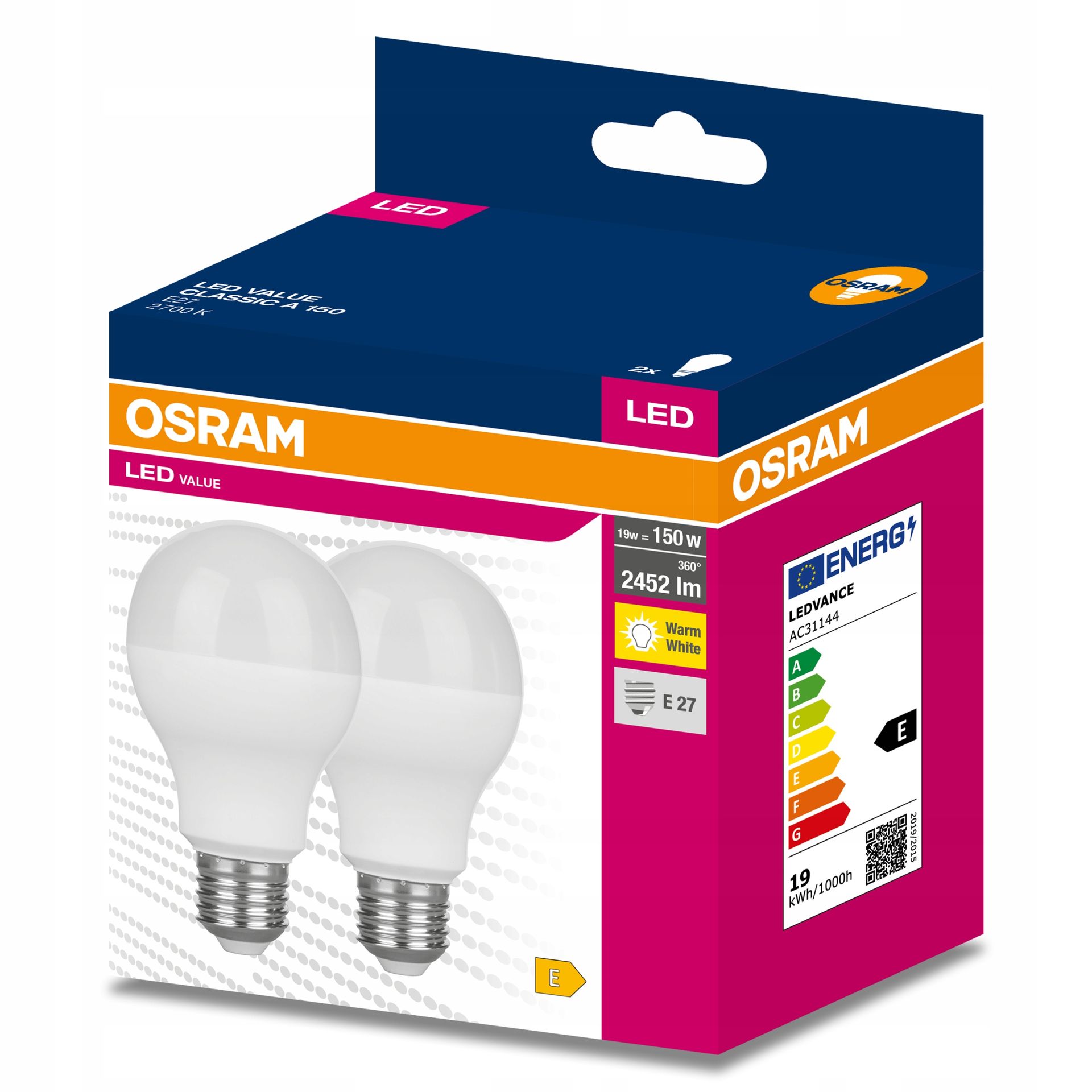 2x Żarówka Led E27 A68 19W 150W 2452lm 2700K Ciepła 200° Osram Value
