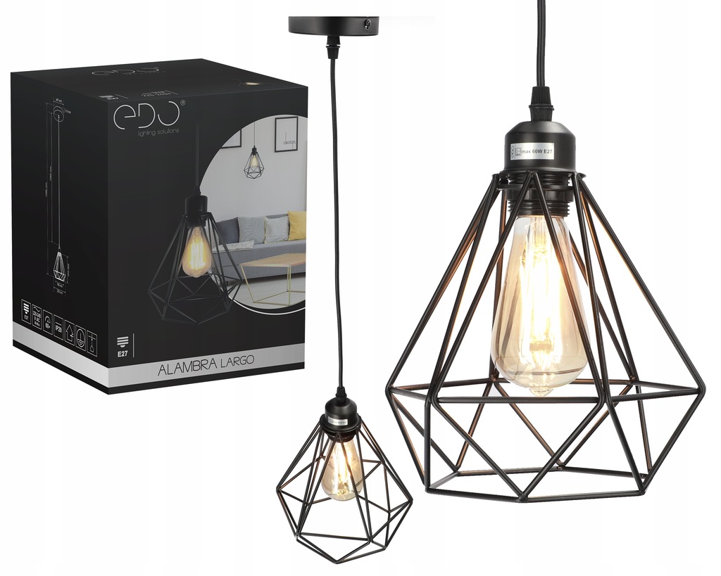 Lampa Wisząca Loft Alambra Largo E27 Czarna Edo