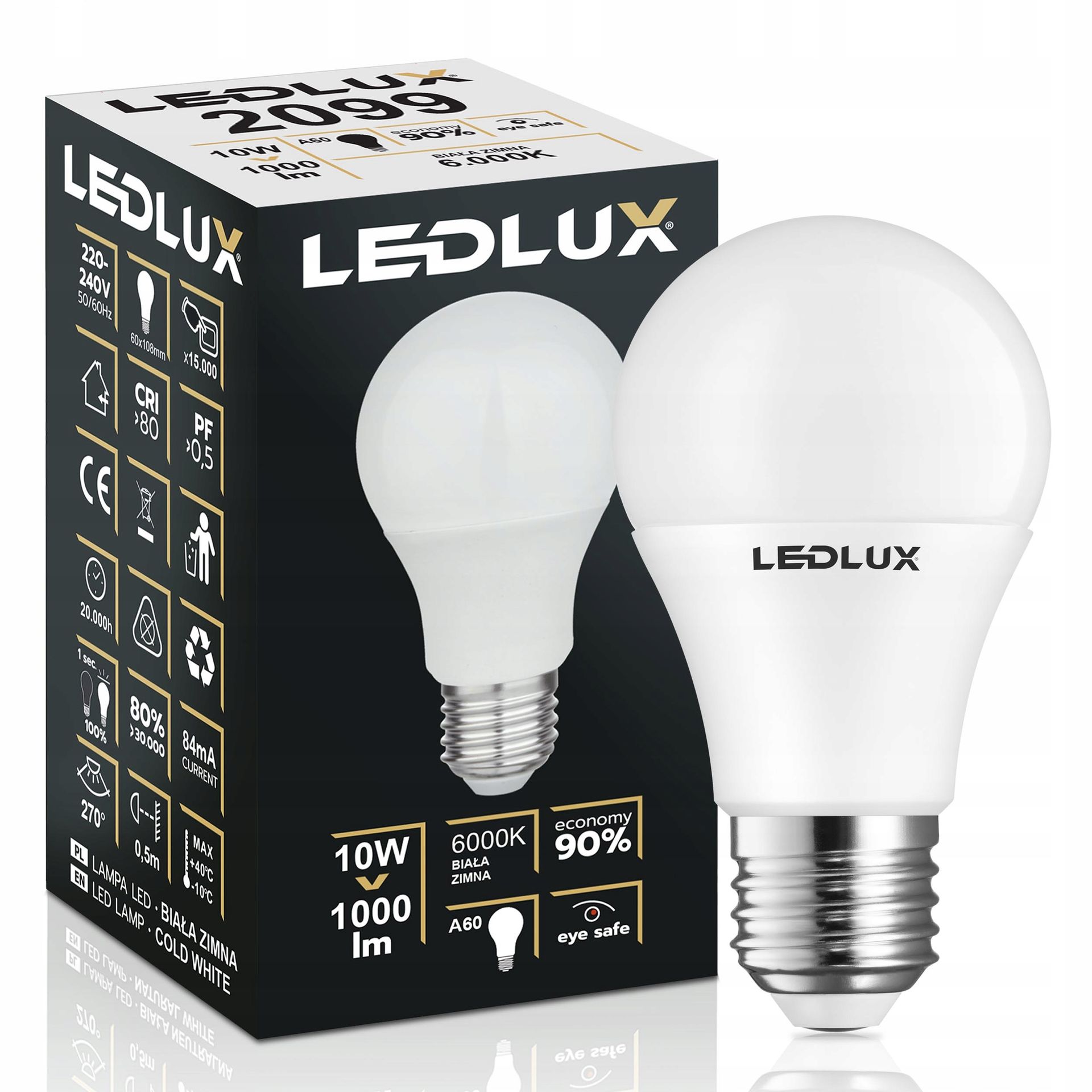 Żarówka Led E27 10W =100W Smd 6000K zimna Premium Ledlux nie mruga