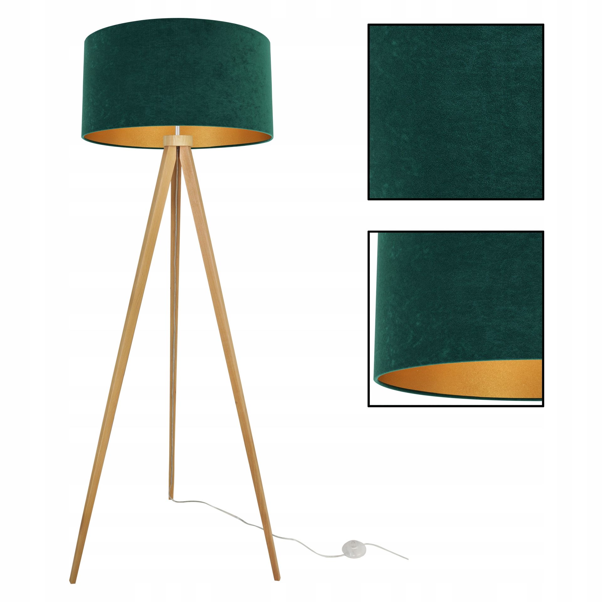 Lampa Podłogowa Stojąca Trójnóg Złota Abażur Welur