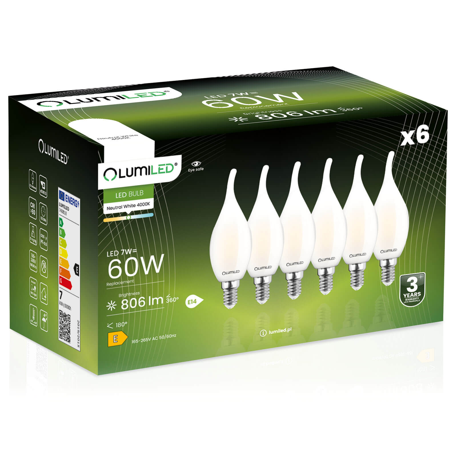 6x Żarówka Led Płomyk E14 7W 60W 4000K Filament