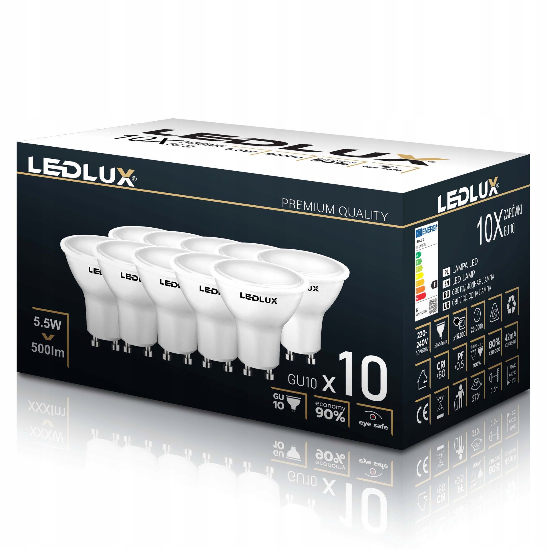 10x Żarówka Led GU10 5,5W =50W Smd 6000K zimna Premium Ledlux nie mruga