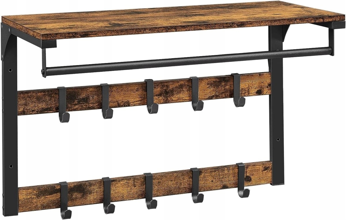 Wieszak wiszący metal Vasagle czarny, drewno retro, odcienie brązu