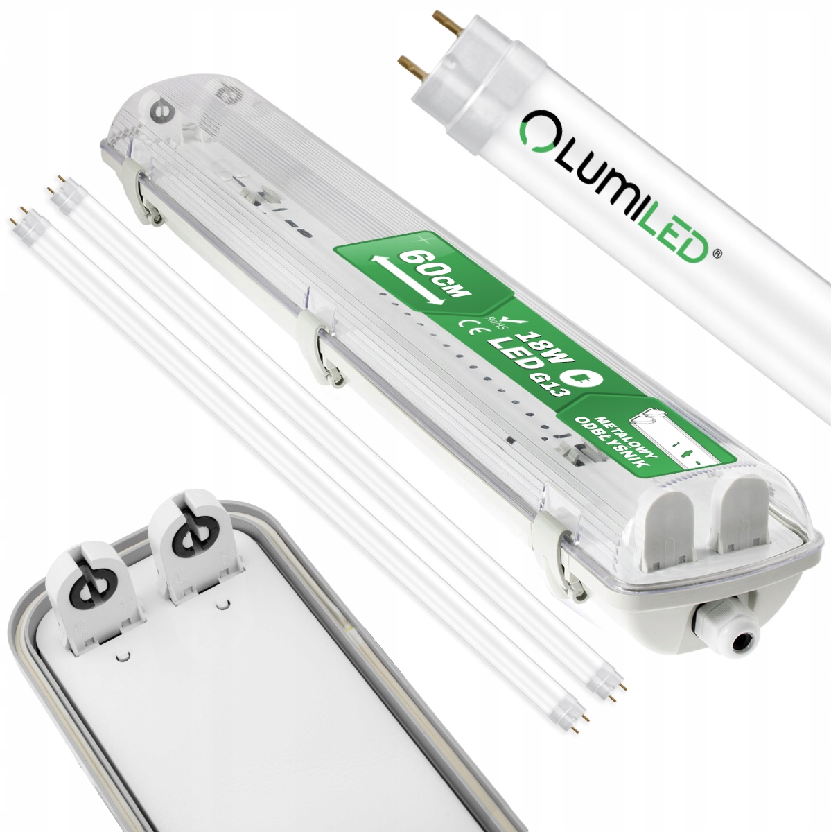 Oprawa Hermetyczna z Odbłyśnikiem Lampa 60cm do Garażu 2x Świetlówki Led